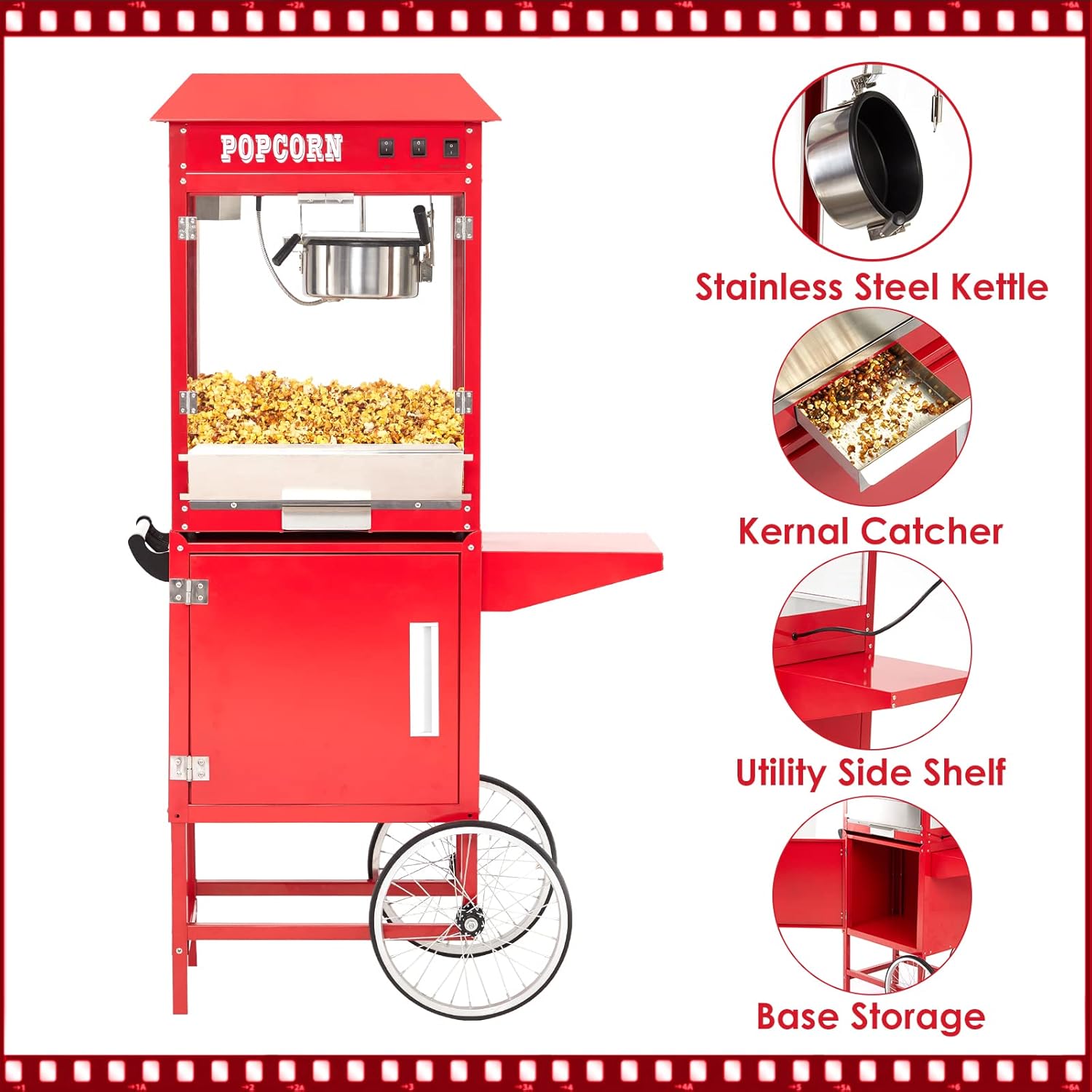 Máquina comercial de palomitas de maíz con soporte, máquina profesional para hacer palomitas de maíz con hervidor de 8 onzas que hace hasta 60