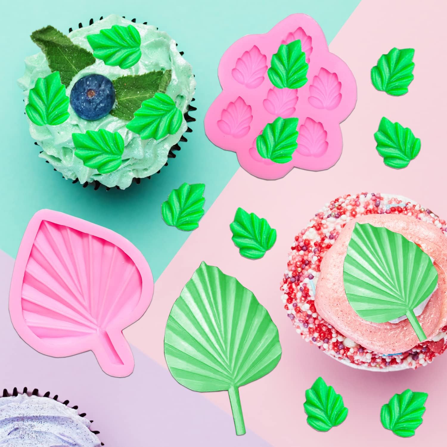 4 moldes de silicona para fondant, hoja de palma, forma de flor, hoja de chocolate, molde de hojas de chocolate, molde hawaiano de hojas tropicales