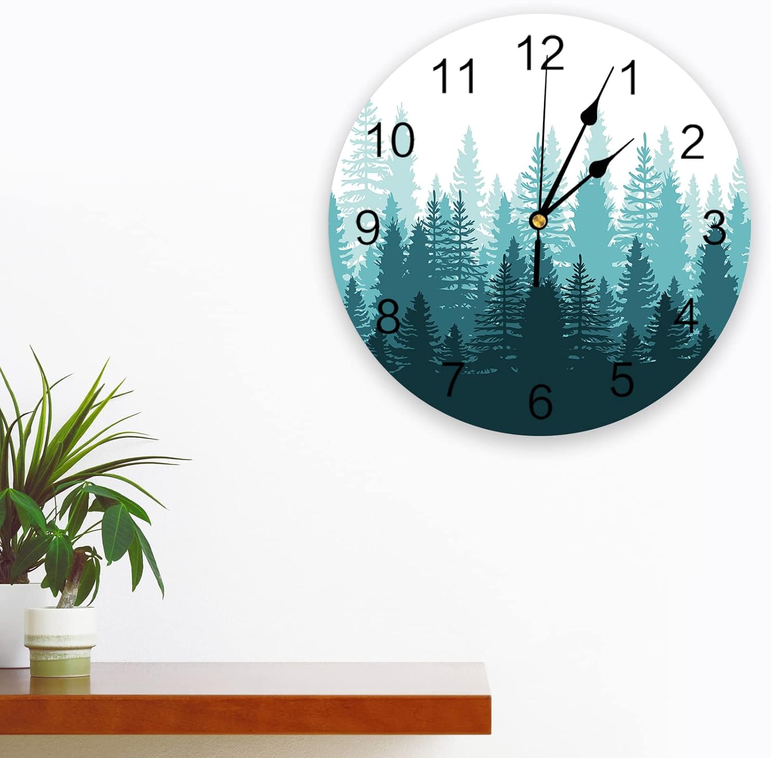 Reloj de pared con árbol del bosque, funciona con pilas, reloj de pared silencioso de PVC sin tictac de 10 pulgadas, paisaje forestal brumoso,