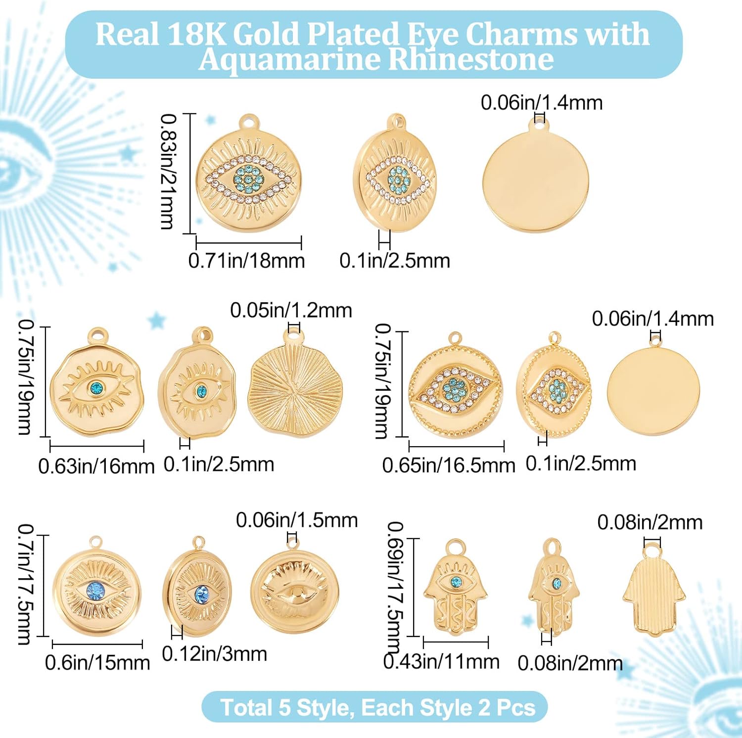 Beebeecraft 10 dijes de ojo malvado de 5 estilos, chapados en oro de 18 quilates, con diamantes de imitación redondos planos irregulares para