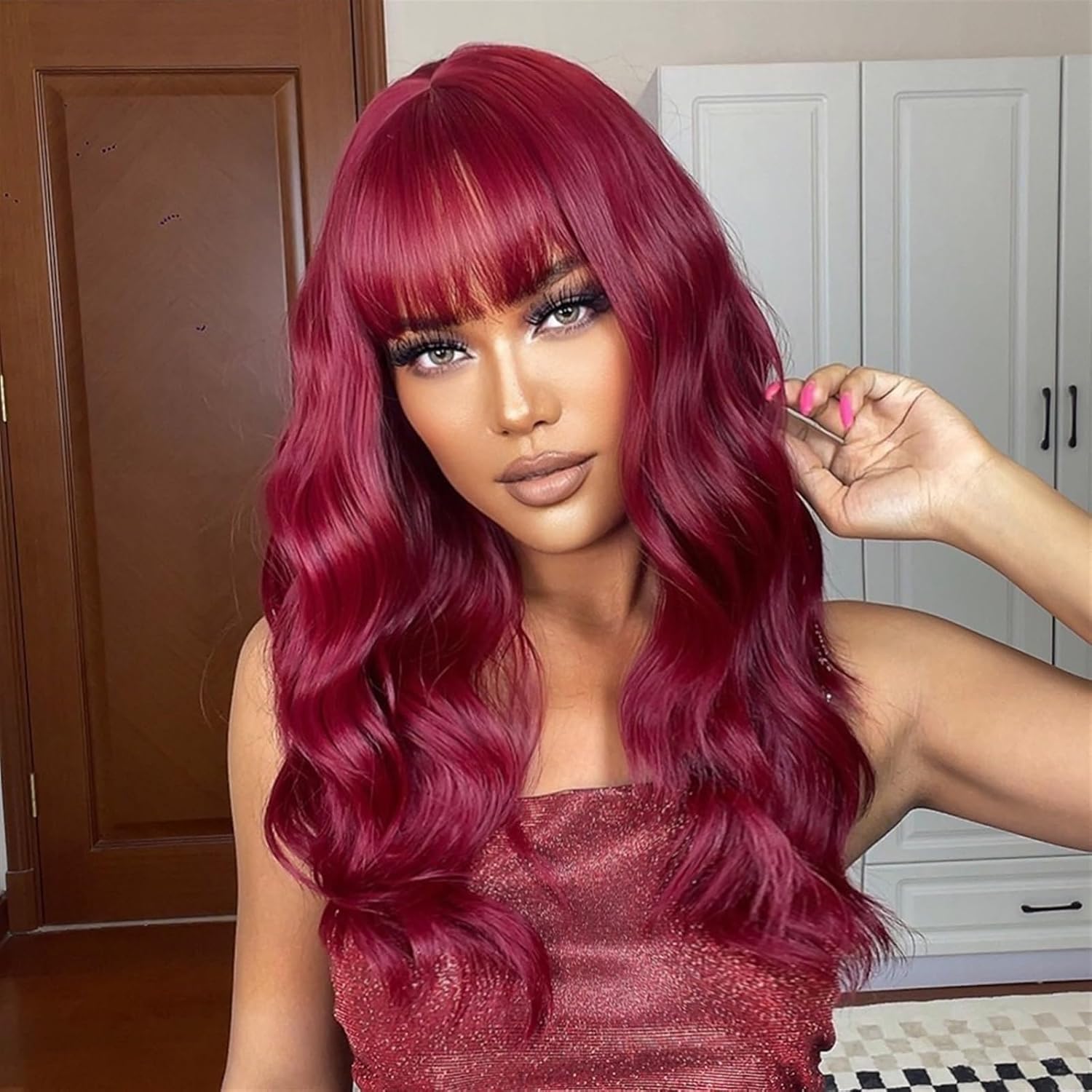 Pelucas sintéticas largas y rizadas de color rojo vino burdeos con flequillo, peluca ondulada de longitud media para mujer, afro natural, resistente