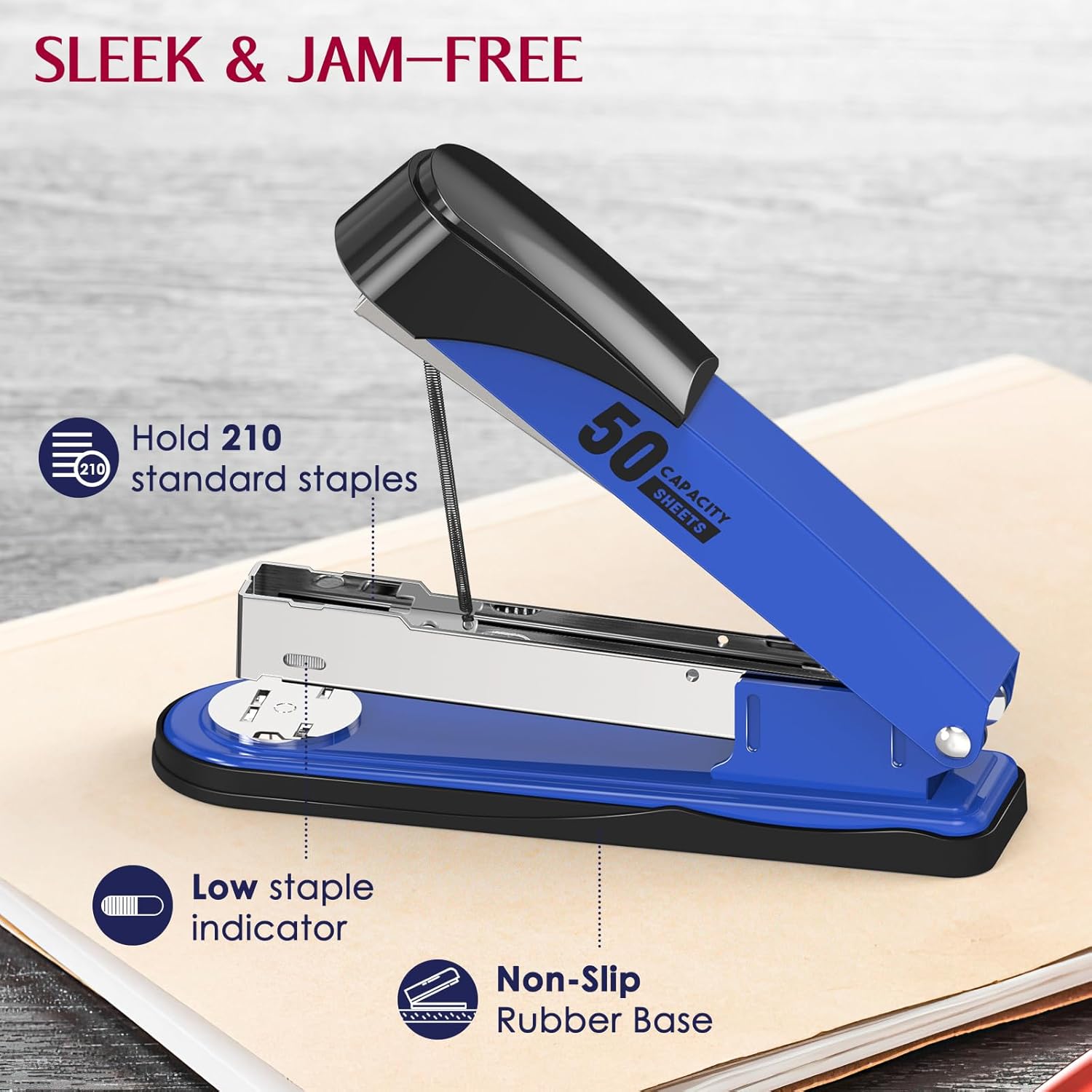 Engrapadora de metal resistente con capacidad de 50 hojas con 1750 grapas y removedor de grapas, engrapadora azul de tira completa para escritorio,