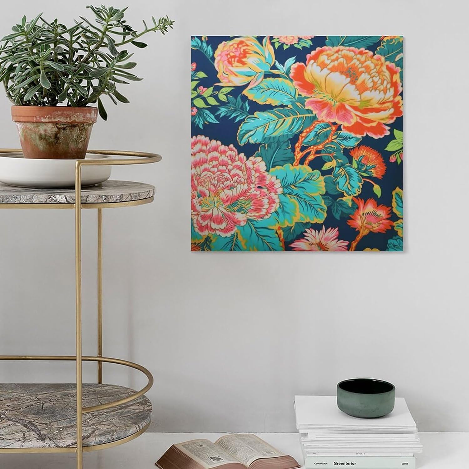Lienzo de peonía chinoiserie azul marino, rosa y rojo, arte de pared con diseño floral de peonía asiática, pinturas de pared modernas para