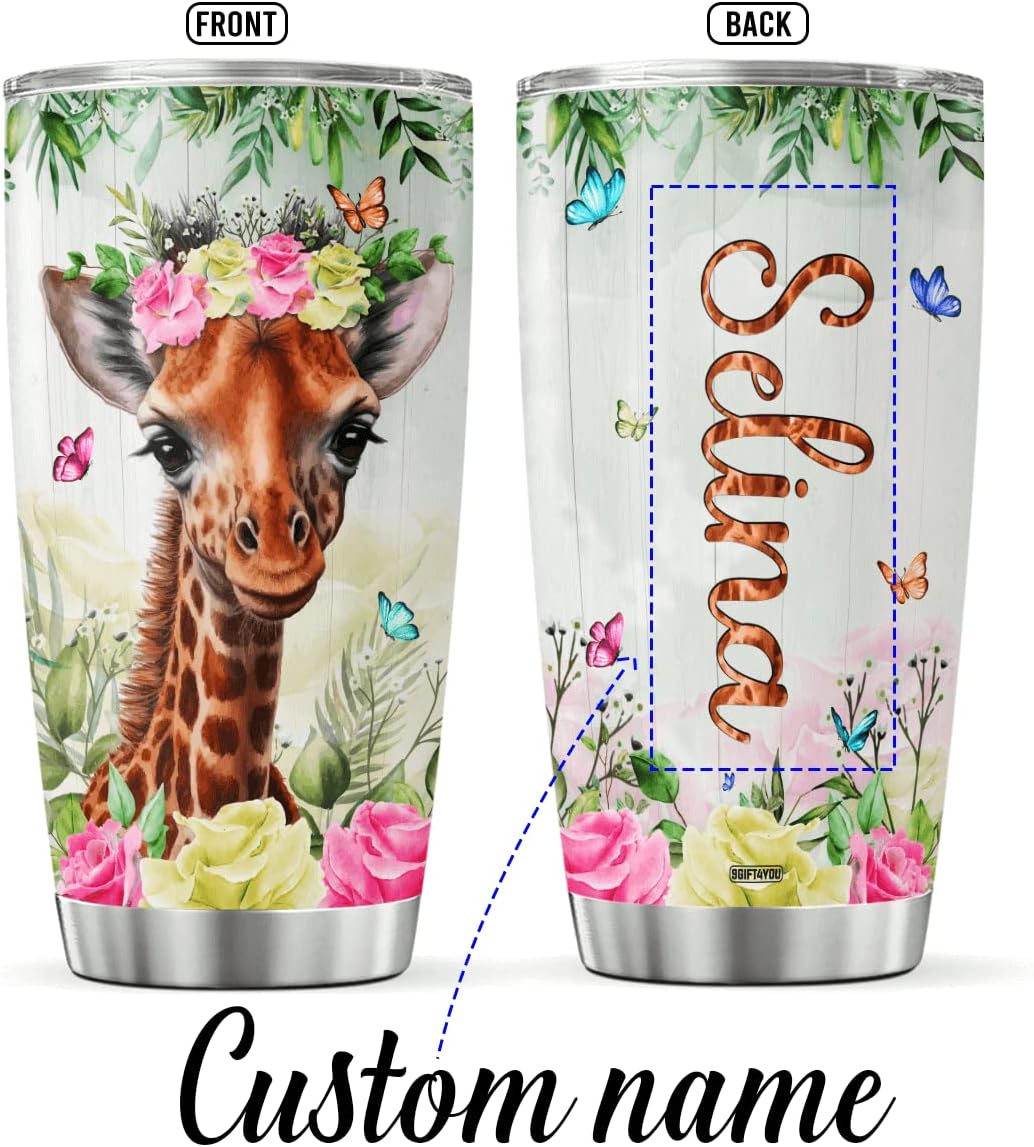 9GIFT4YOU Vaso de café personalizado con diseño floral de jirafa con tapa, lindo regalo de cumpleaños para mujeres, adolescentes, niñas, amigos,