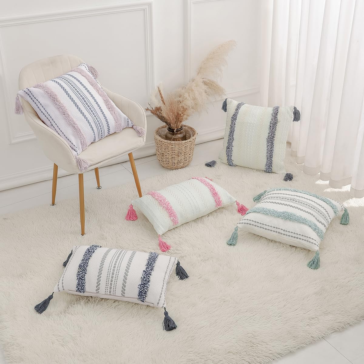 Juego de 2 fundas de almohada decorativas de algodón con borlas, estilo bohemio, copetudo, modernas, estilo campestre para sofá, 20 x 20 pulgadas,