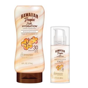 Hawaiian Tropic, Protector solar de amplio espectro SPF 30, paquete de protector solar sin peso de hidratación de seda con loción de protección Hawaiian Tropic, Protector solar de amplio espectro SPF 30, paquete de protector solar sin peso de hidratación de seda con loción de protección