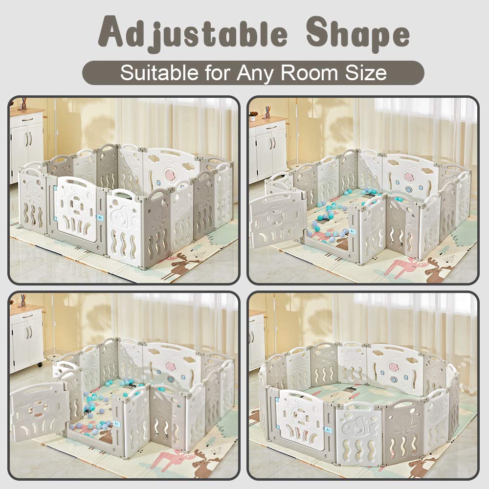 Albott Corralito para bebés mejorado de 14 paneles plegable con panel de juego y puerta de seguridad, forma ajustable, patios portátiles para niños