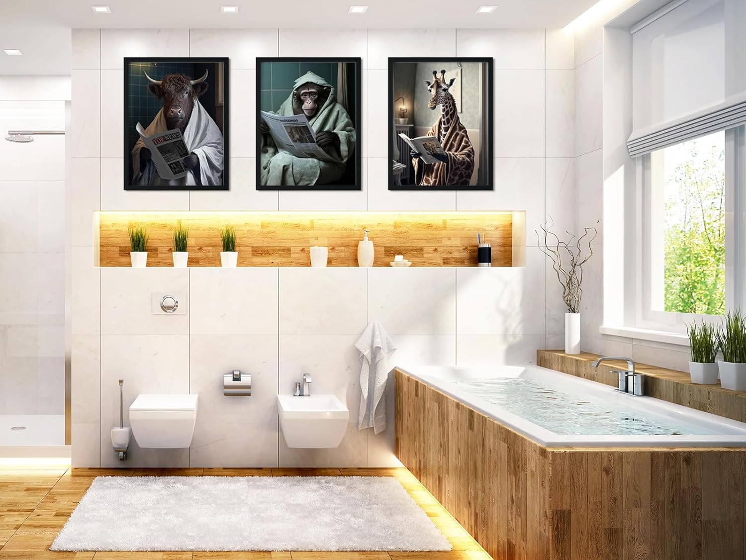 Divertido lienzo de pared para baño, vaca de las tierras altas en el inodoro, pintura vintage con estampado de animales, decoración moderna de pared