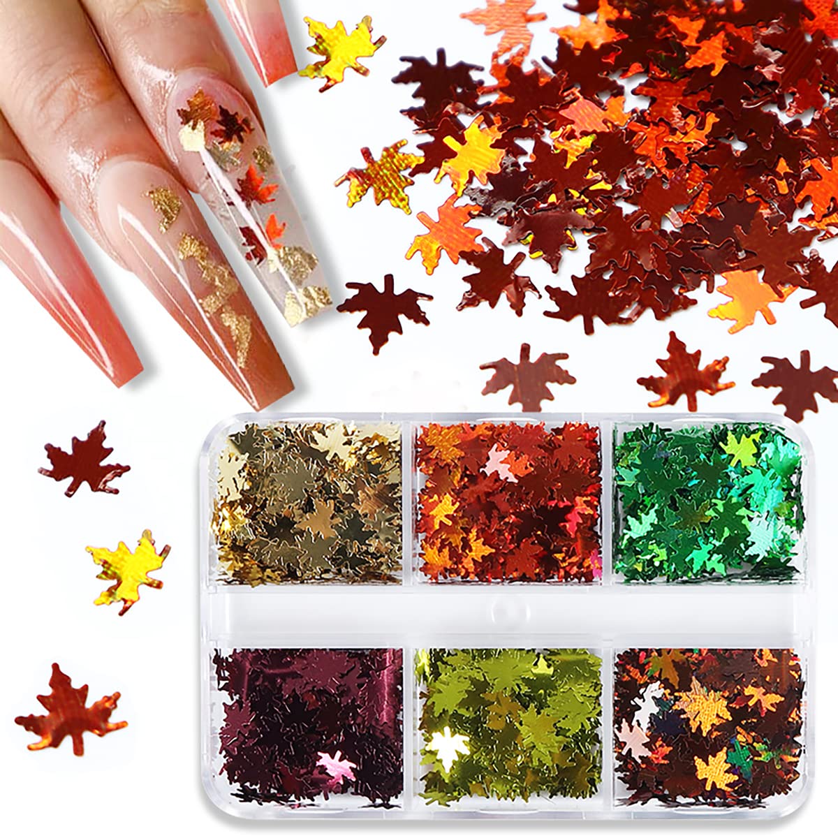 6 rejillas para arte de uñas de otoño, hojas de arce 3D, lentejuelas con purpurina, calcomanías holográficas láser dorado, rojo y verde, hojas con