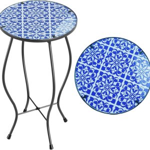 Paytonture Mesa auxiliar de patio, mesa de mosaico al aire libre, mesa auxiliar de plantas, porche pequeño, mesa azul y blanca para interiores, Paytonture Mesa auxiliar de patio, mesa de mosaico al aire libre, mesa auxiliar de plantas, porche pequeño, mesa azul y blanca para interiores,