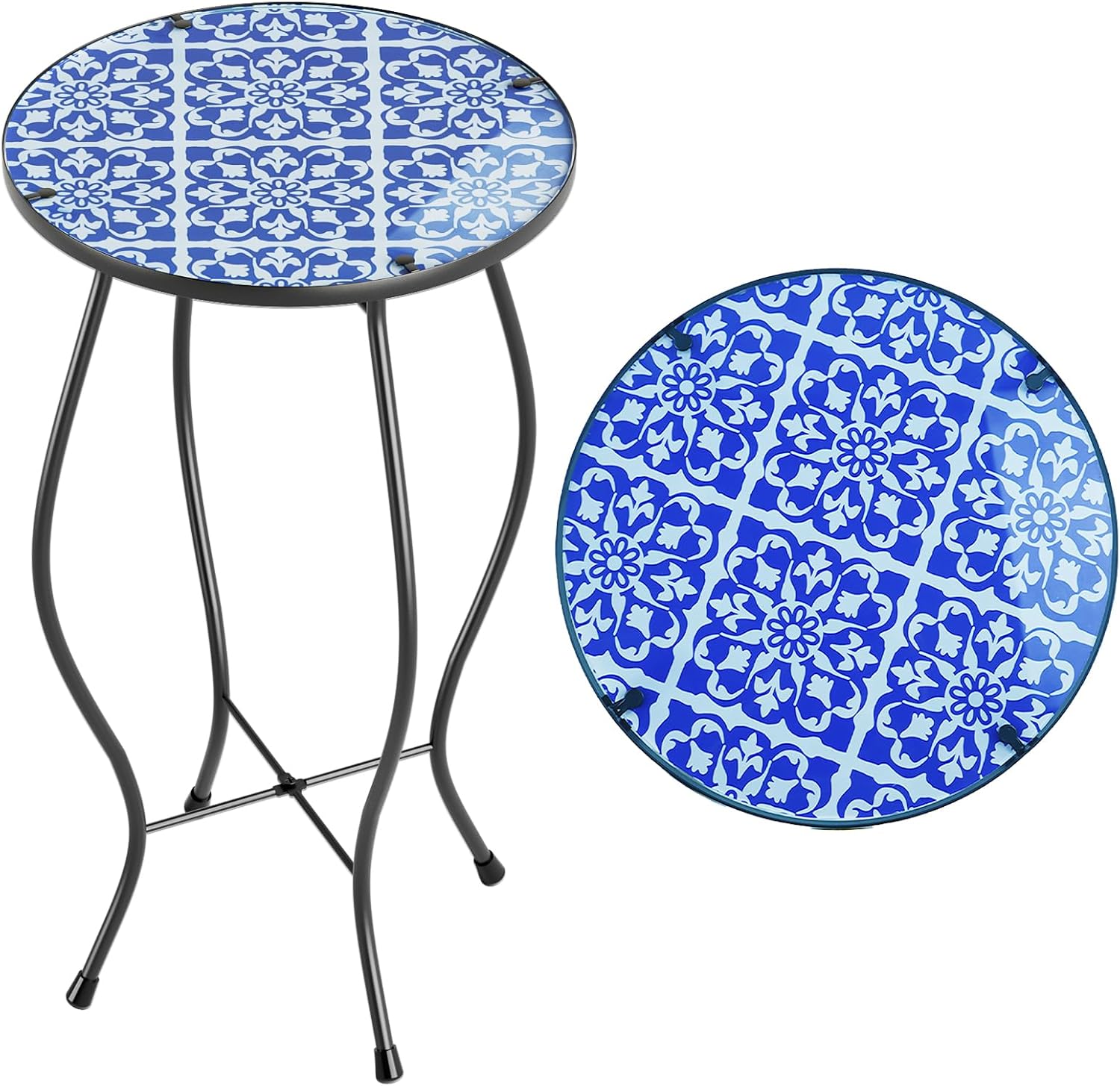 Paytonture Mesa auxiliar de patio, mesa de mosaico al aire libre, mesa auxiliar de plantas, porche pequeño, mesa azul y blanca para interiores,