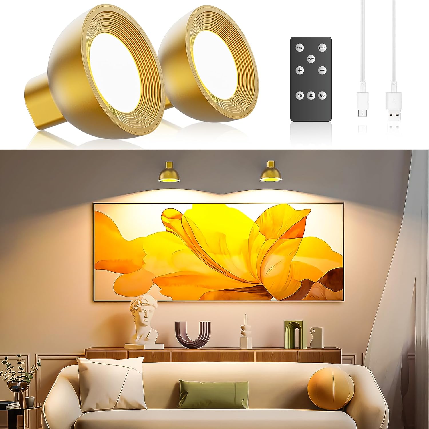 Luz de imagen funciona con pilas, luz dorada con control remoto y brillo ajustable temperatura de color para resaltar pinturas, fotografías u otros