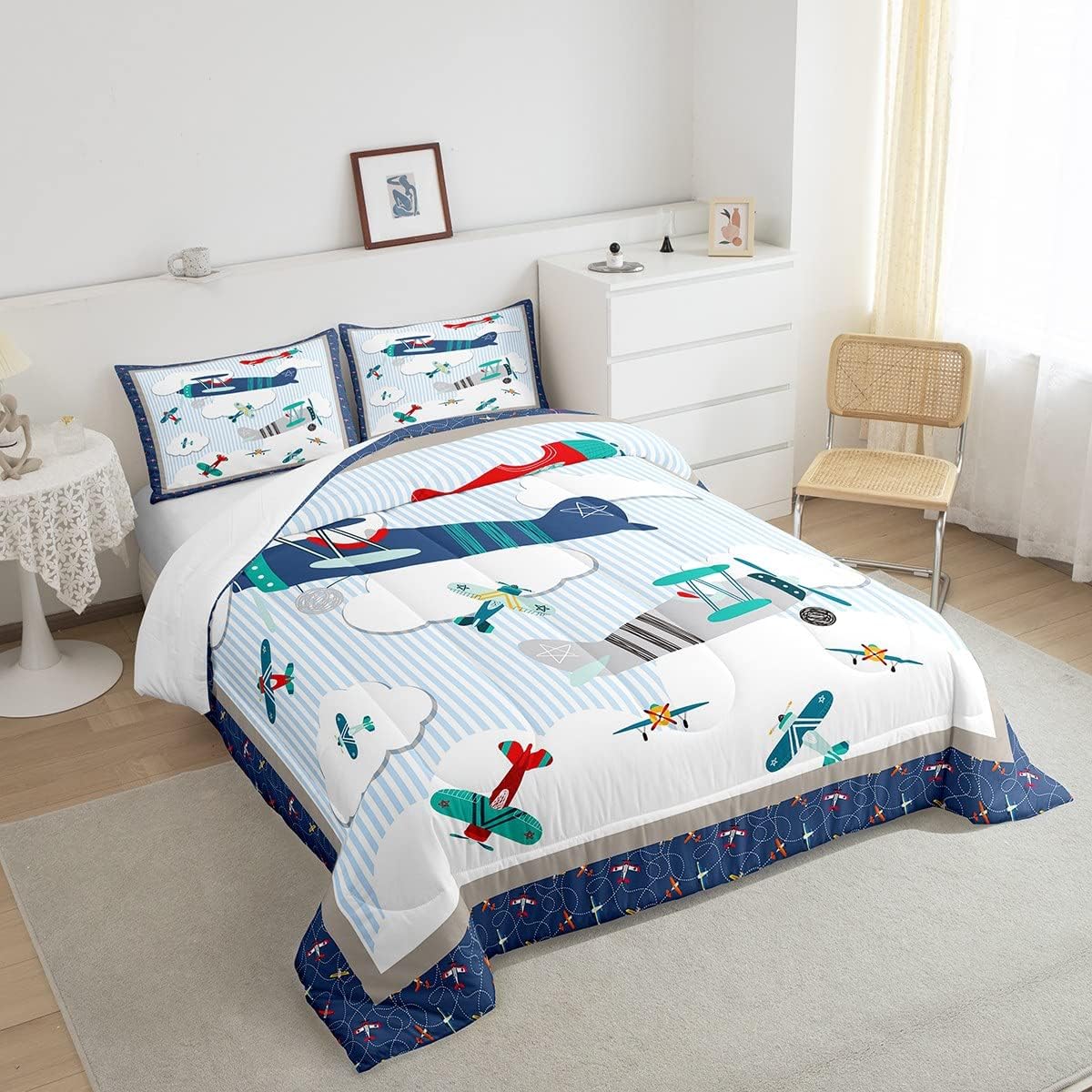 Juego de edredón de avión para niños, cielo azul y nubes blancas, juego de ropa de cama para niños, niñas, mujeres y adultos, edredón de aviones de