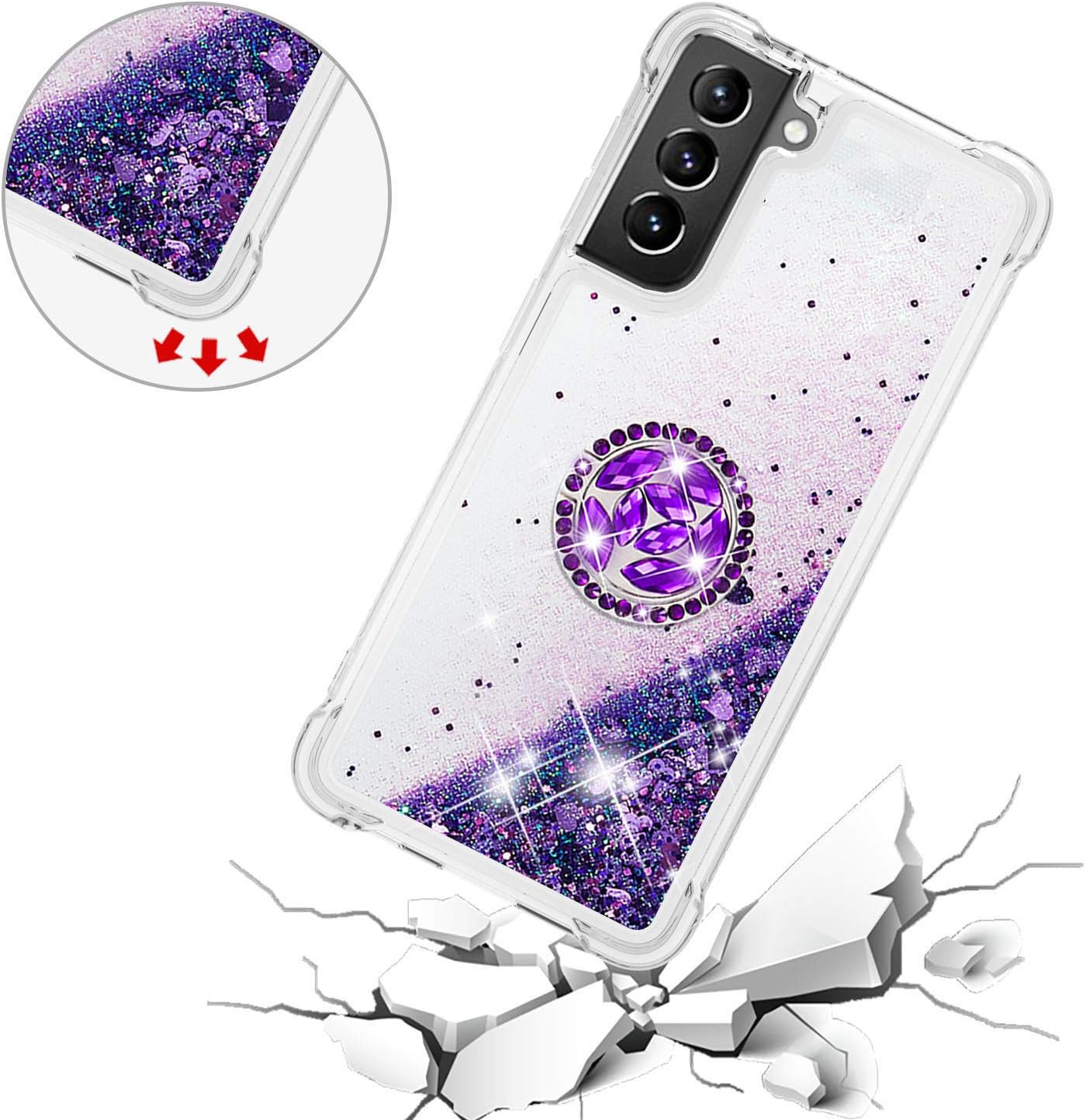 Asuwish Funda de teléfono para Samsung Galaxy S21 5G de 6.2 pulgadas con protector de pantalla y soporte para anillo con purpurina líquida brillante