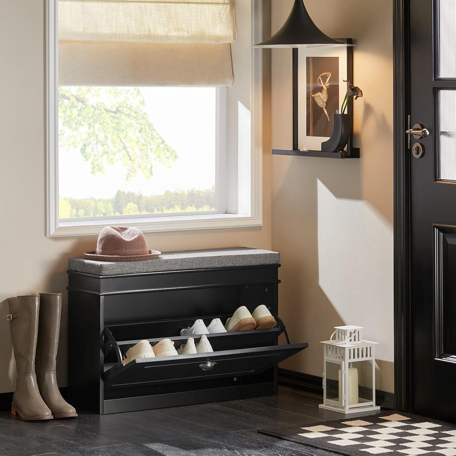 Haotian FSR82-L-SCH, zapatero de pasillo negro con cajón abatible y cojín de asiento