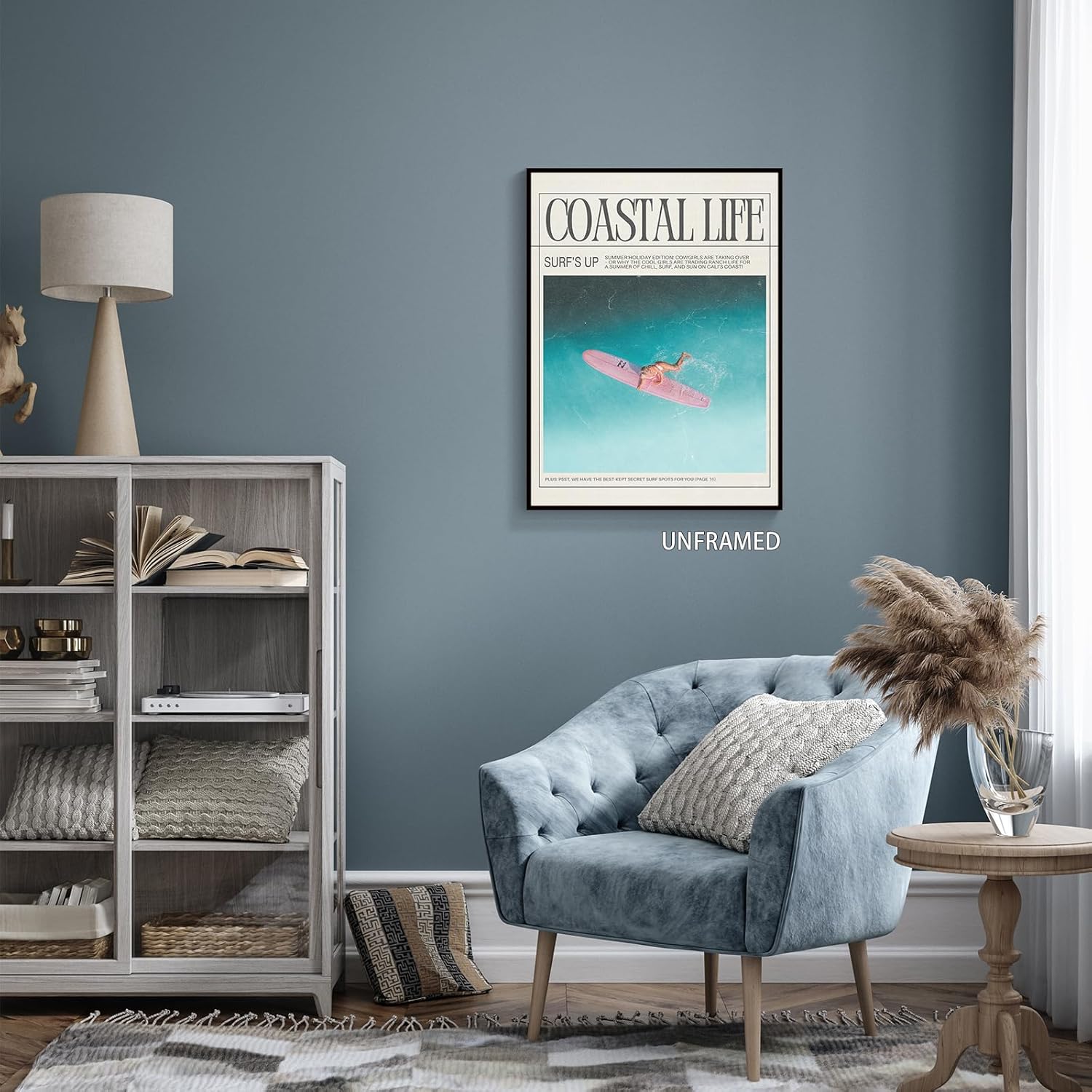 Nanxiwofee Lienzo decorativo para pared de niña surfista, póster para decoración de habitación de playa, tabla de surf, periódico, verano, playa,