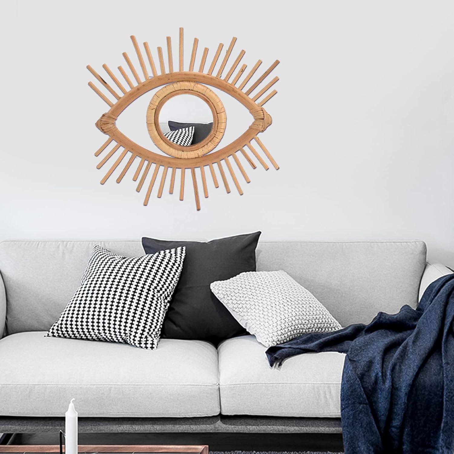 HERCHR Espejo de ratán para decoración de pared, espejos de ratán para pared, espejo bohemio para colgar en la pared, decoración de vidrio colgante