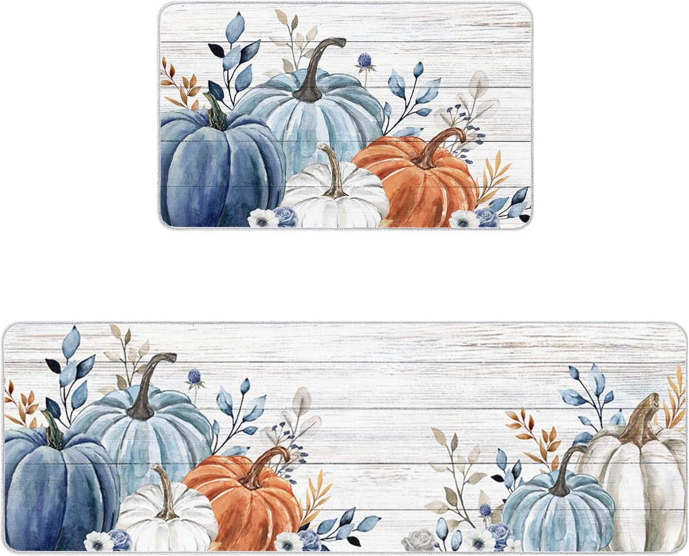Juego de 2 tapetes de cocina con diseño de calabaza otoñal, color azul, blanco y naranja, calabazas degradadas, grano de madera rústica,