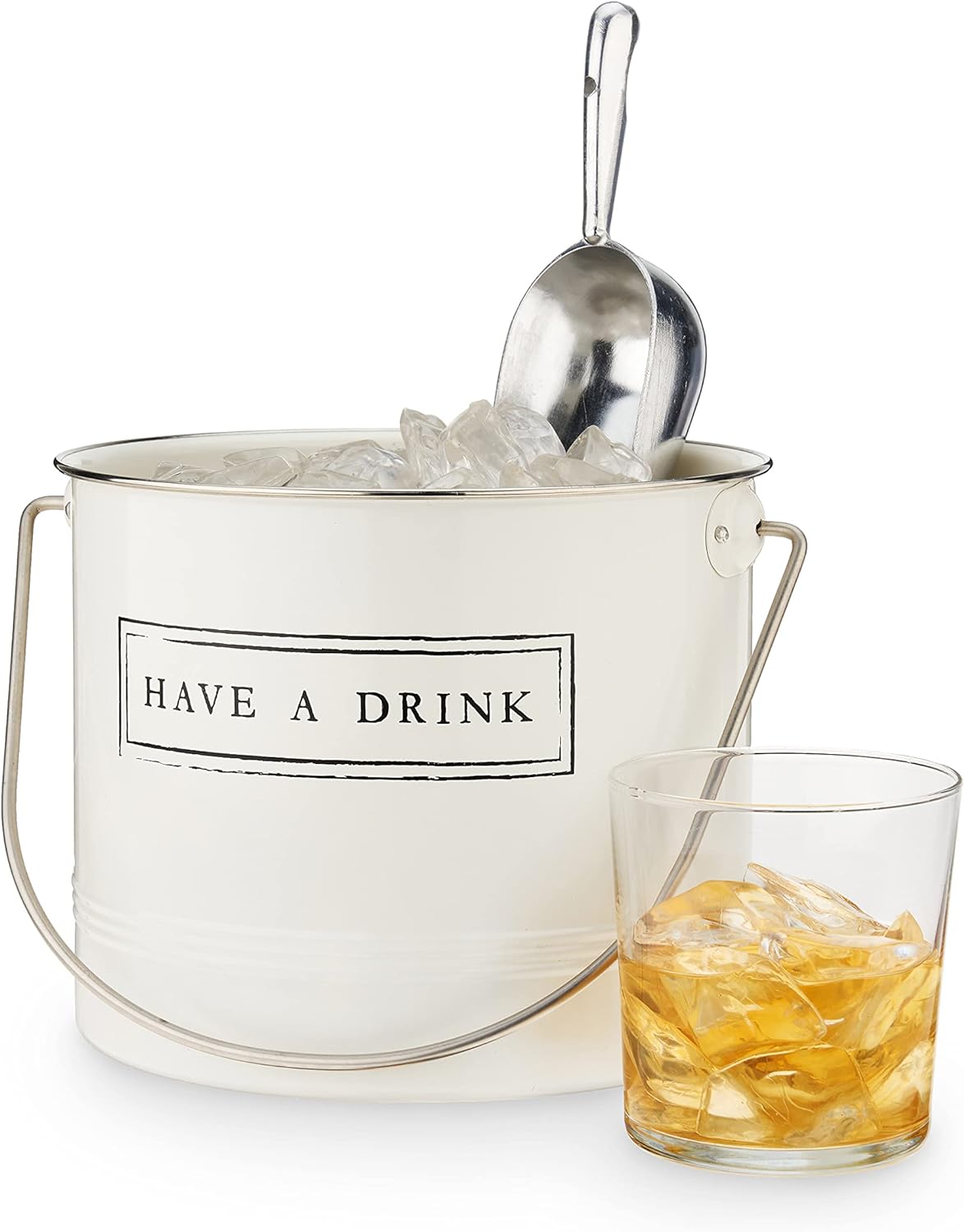 Twine Have A Drink – Cubo de hielo y cuchara de metal esmaltado blanco para fiestas, botella de vino y botella de cerveza en 1 galón