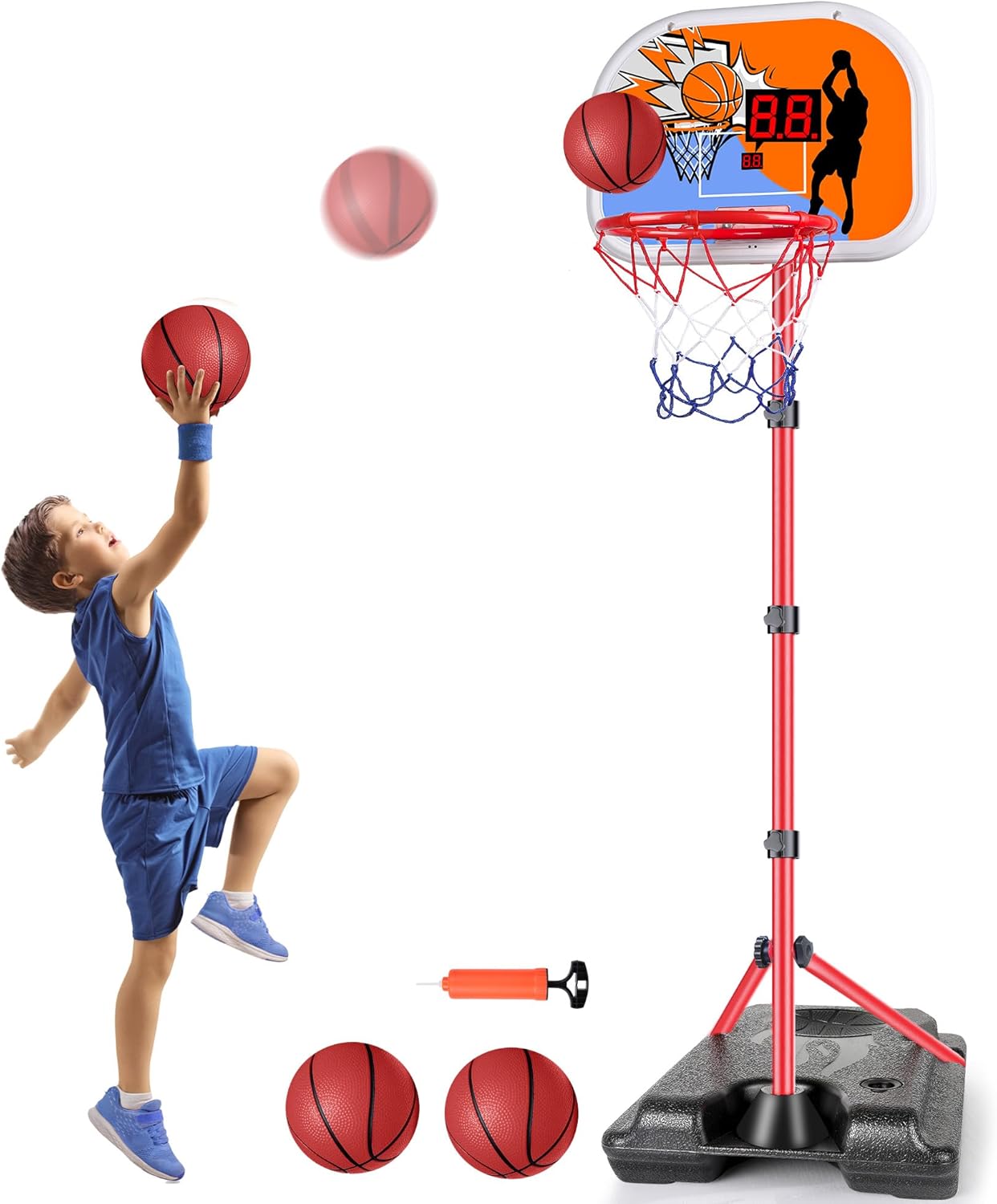 Aro de baloncesto para niños con marcador electrónico de altura ajustable de 3.4 a 5.9 pies, aro de baloncesto para niños pequeños, aro de