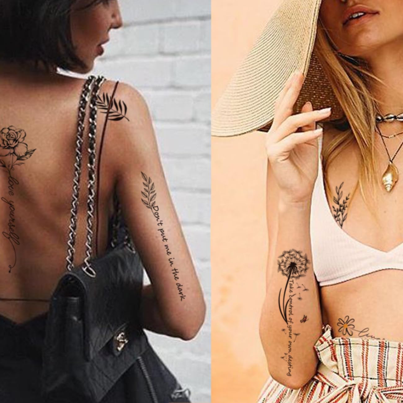 CHARLNET – Tatuajes temporales con palabras de flores para mujeres y niñas, de larga duración, impermeables, realistas, sexys, tatuajes temporales