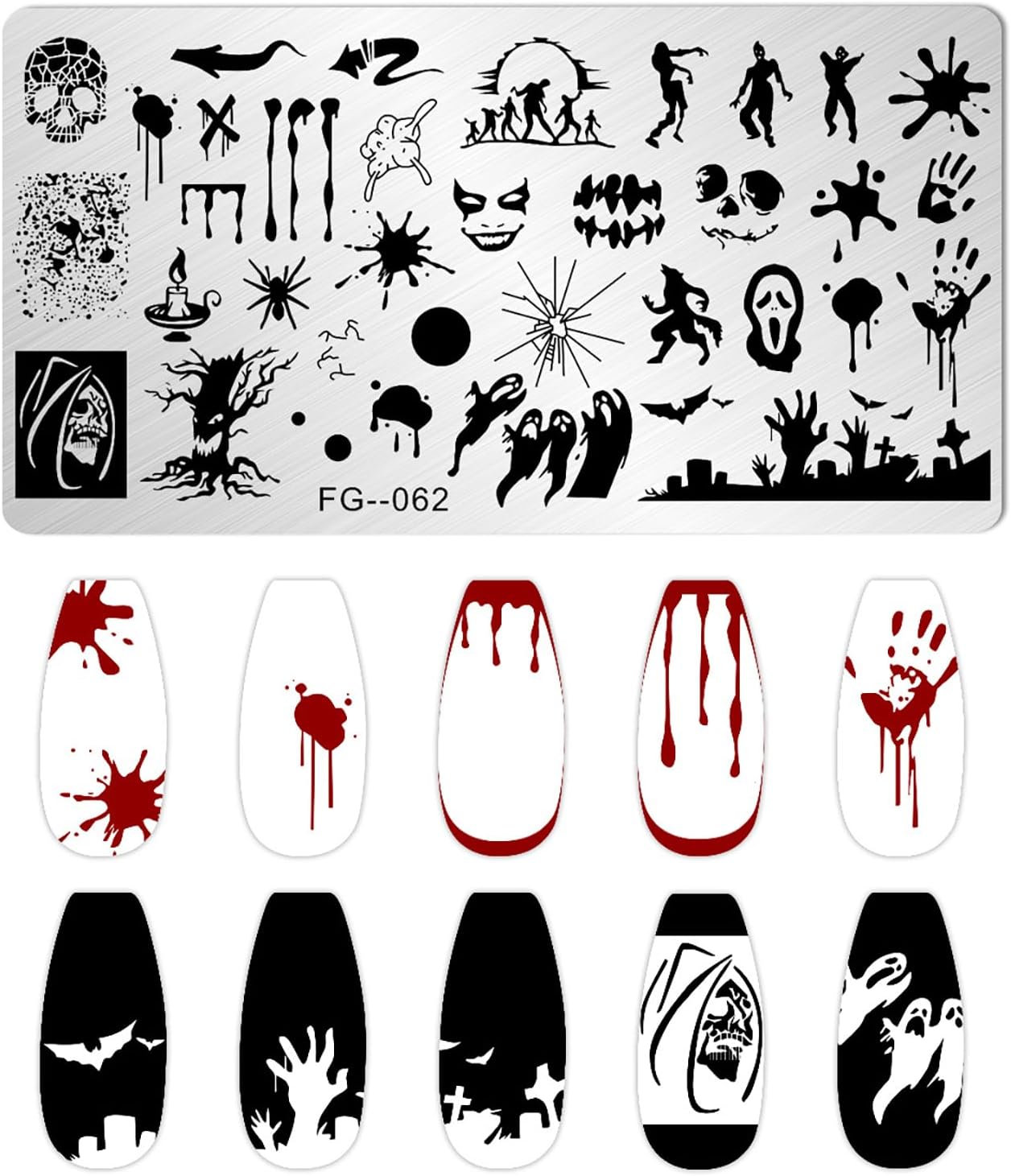 6 placas de estampado de Halloween, plantillas de estampado de arte de uñas, calavera, fantasma, calabaza, vampiro, murciélago, araña, arte de uñas,