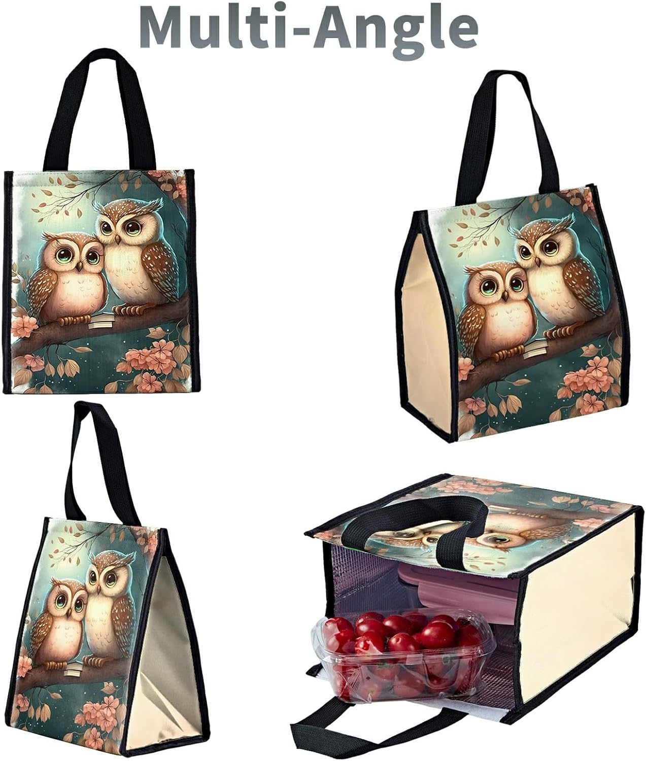Bolsas de almuerzo para parejas de búhos, linda caja de almuerzo para mujer, reutilizable, aislada, bolsa enfriadora, plegable, portátil, a prueba