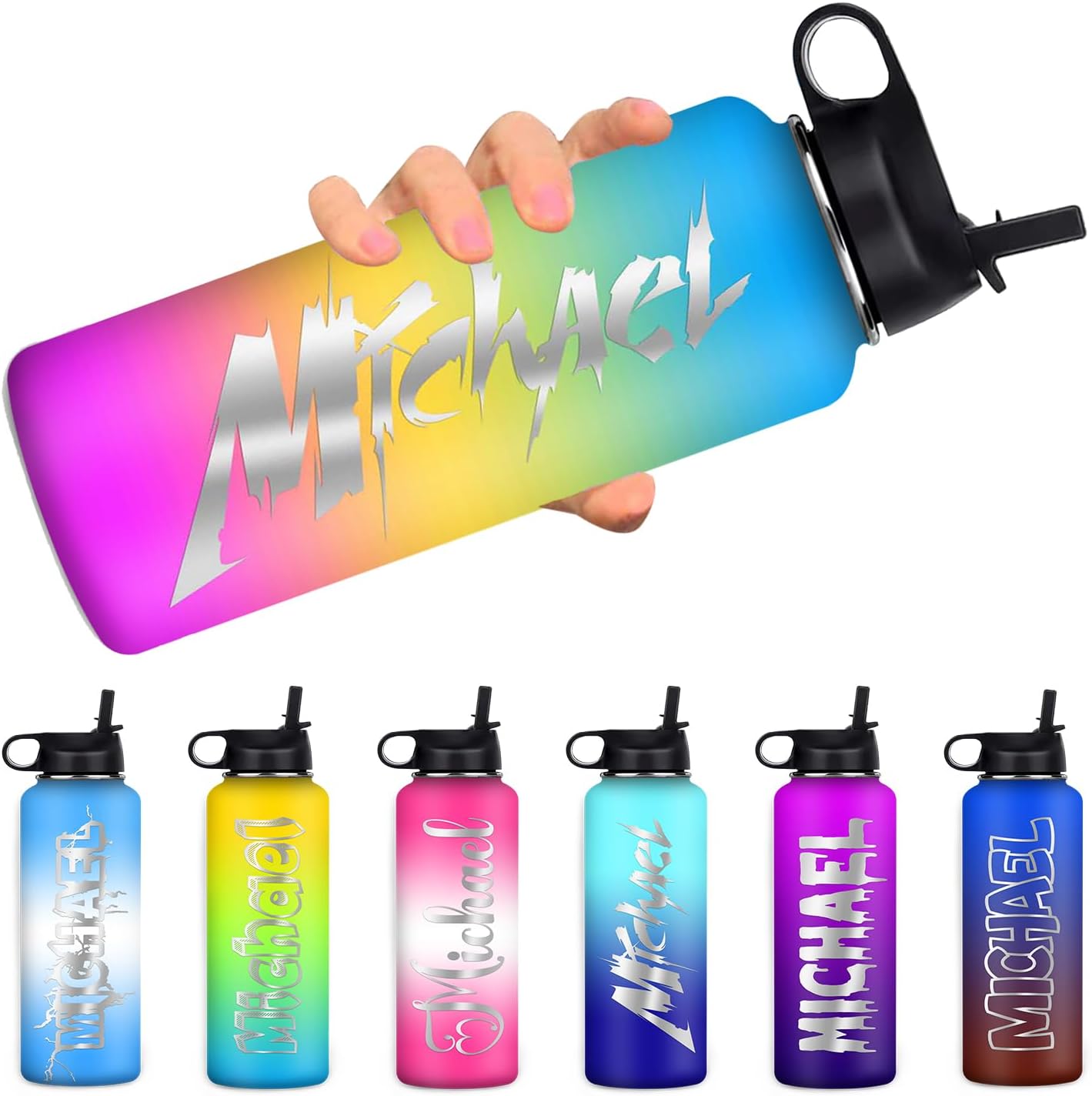 Botella de agua personalizada para niños de regreso a la escuela, botella de agua deportiva personalizada con nombre, botella de acero inoxidable
