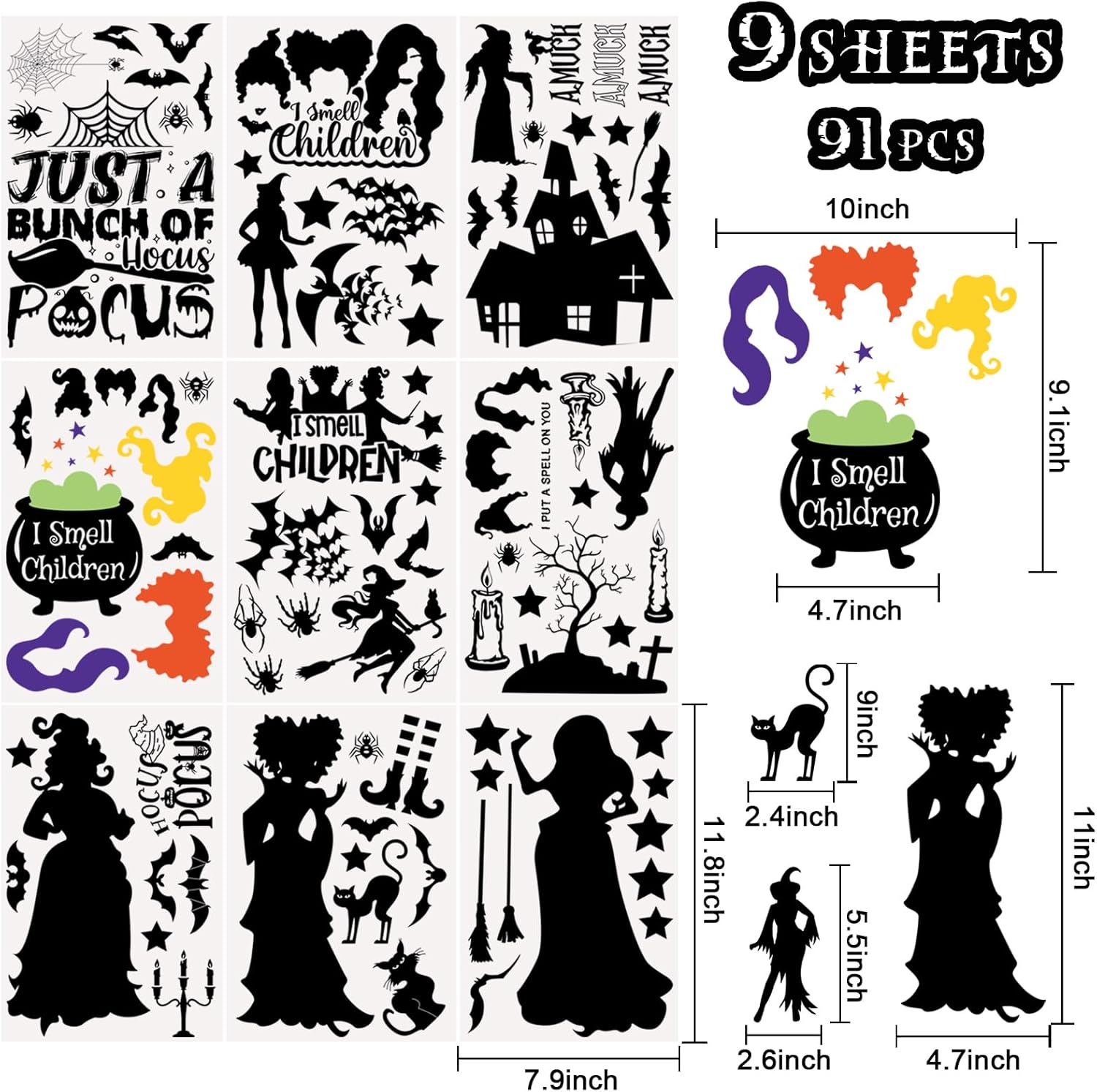 Decoraciones de Hocus Pocus, calcomanías de ventana de Halloween, 9 hojas, 91 piezas de calcomanías de Hocus Pocus de doble cara, calcomanías de