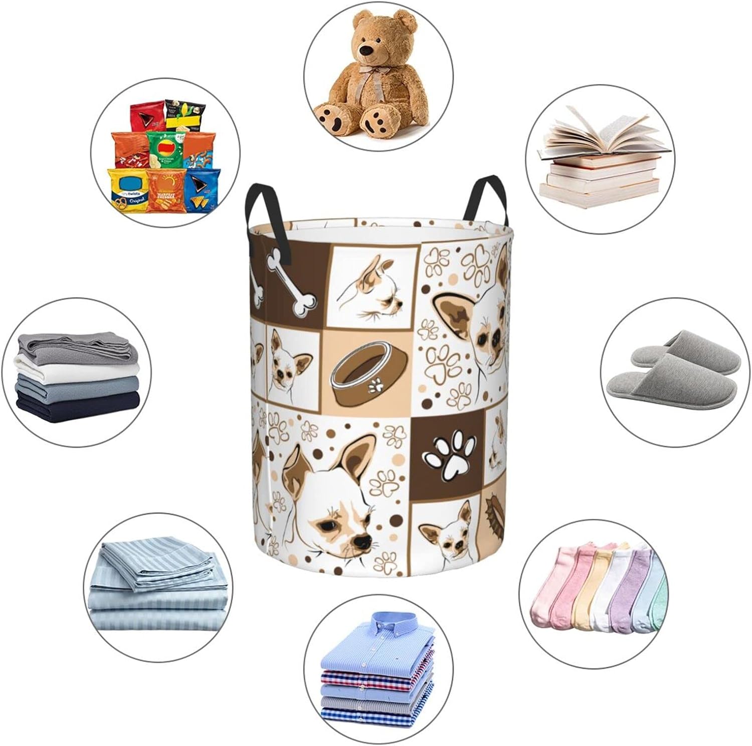 Cesto de lavandería lindo Chihuahua perro cesta circular portátil plegable con asas ropa necesidades diarias bolsa de almacenamiento