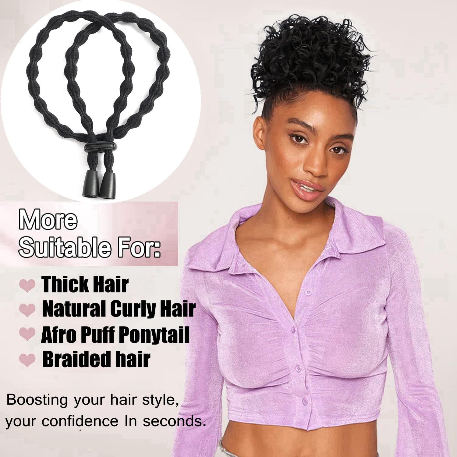 Afro – Corbatas de cola de caballo con cordón ajustable para cabello corto rizado rizado moño lazos para la diadema Afro larga acolchada para