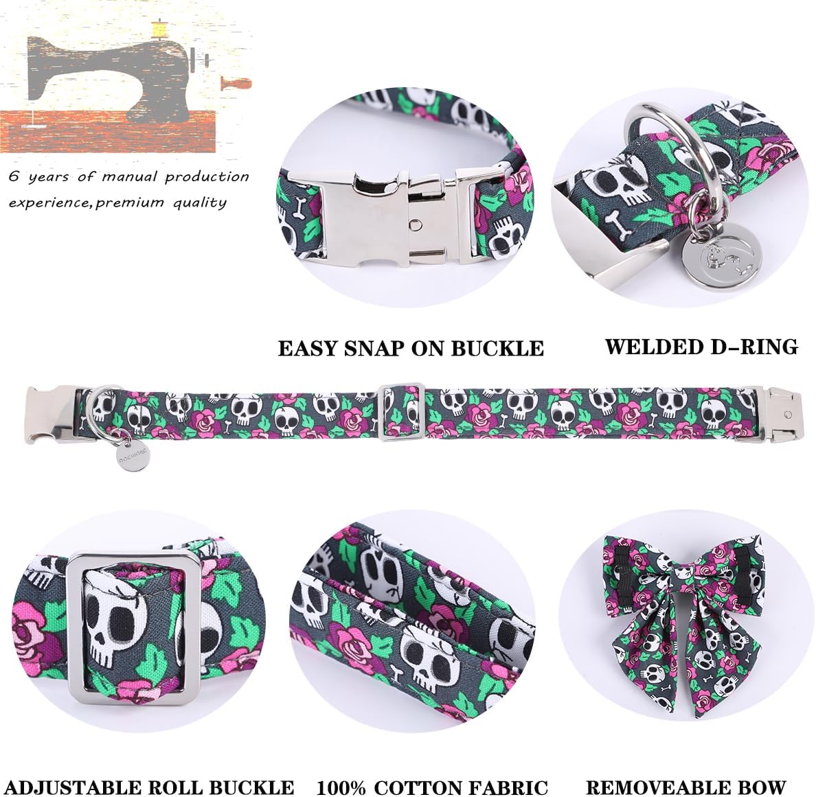 DOGWONG Collar de perro fantasma de Halloween con corbatín de marinero, collar de perro de calavera rosa para Halloween, duradero y suave, collar de