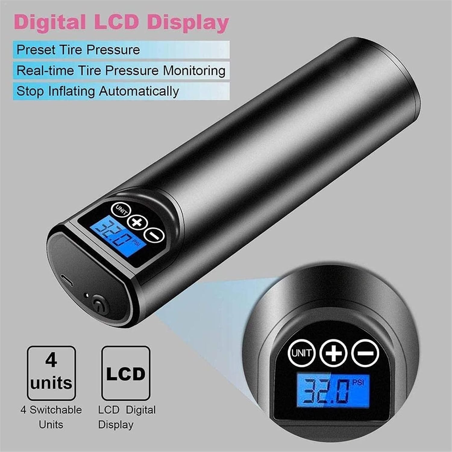 CAFFIA Compresor de aire portátil Mini inflador de aire bomba de neumáticos de mano 2000mAh con luz LED LCD digital 12V AC DC batería de litio