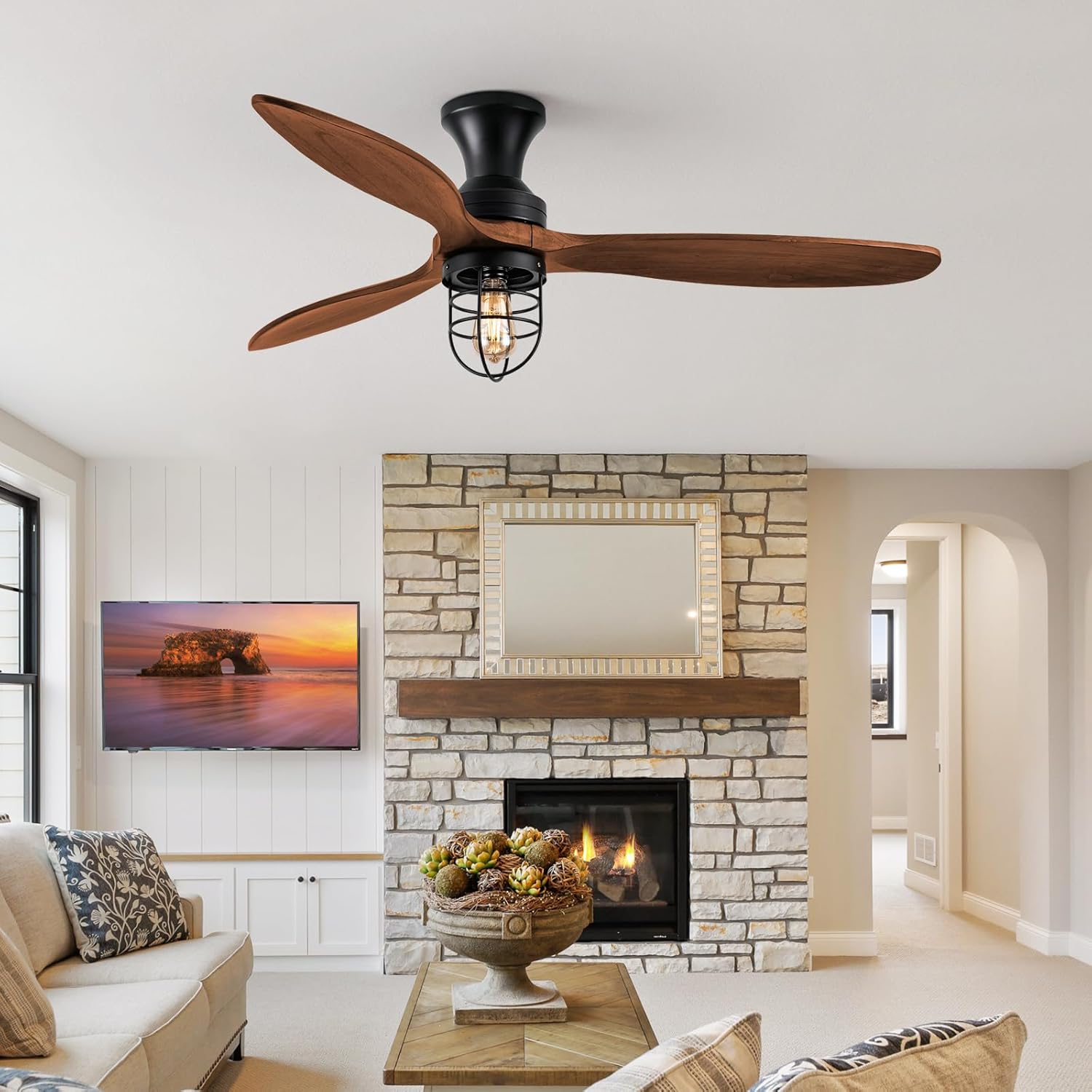 Ventilador de techo de perfil bajo de 52 pulgadas con luces, moderno ventilador de techo de dormitorio con control remoto de 3 aspas de madera,