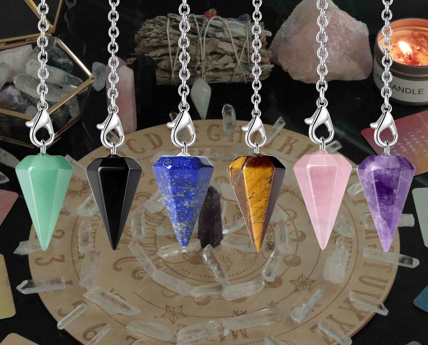 DUQGUHO Juego de 6 piezas de péndulo de cristal, accesorios Wiccan, herramientas de adivinación, cristales curativos naturales, colgantes de piedras