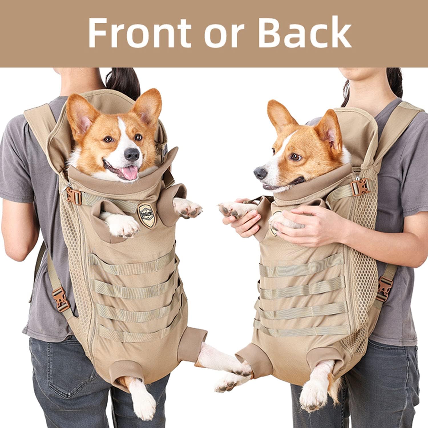 FLAdorepet Mochila táctica transportadora para perros medianos y grandes, patas suaves manos libres hacia afuera de mascotas, mochila de transporte