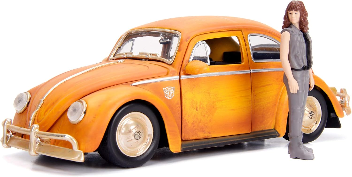 Jada Toys 253115000 Transformers Bumblebee VW Beetle Coche de juguete de fundido, puertas abiertas, bota y capó, figura de Charlie, escala 124,