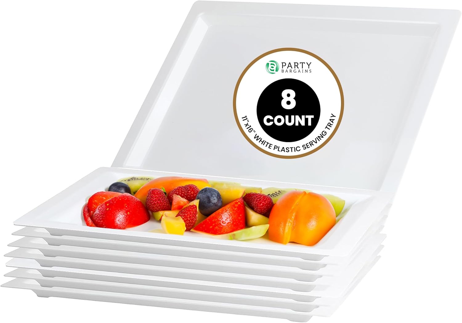 PARTY BARGAINS Bandejas de plástico para servir de 16 x 11 pulgadas, paquete de 8 bandejas desechables de plástico blanco, excelentes para bodas,