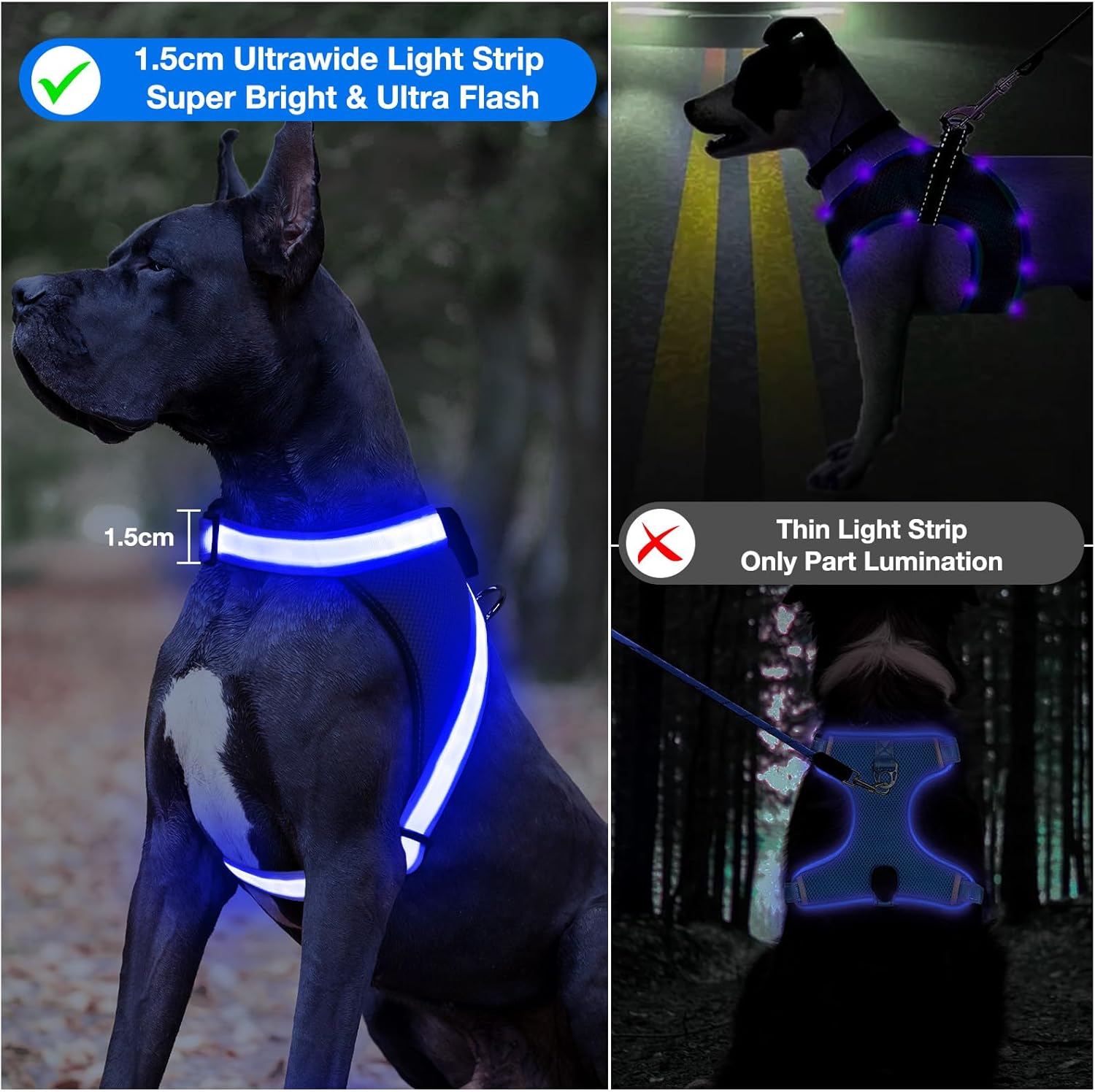ChalkLit Arnés para perro con luces LED, sin tirones, que brilla en la oscuridad para caminar por la noche, chaleco de seguridad con luz recargable