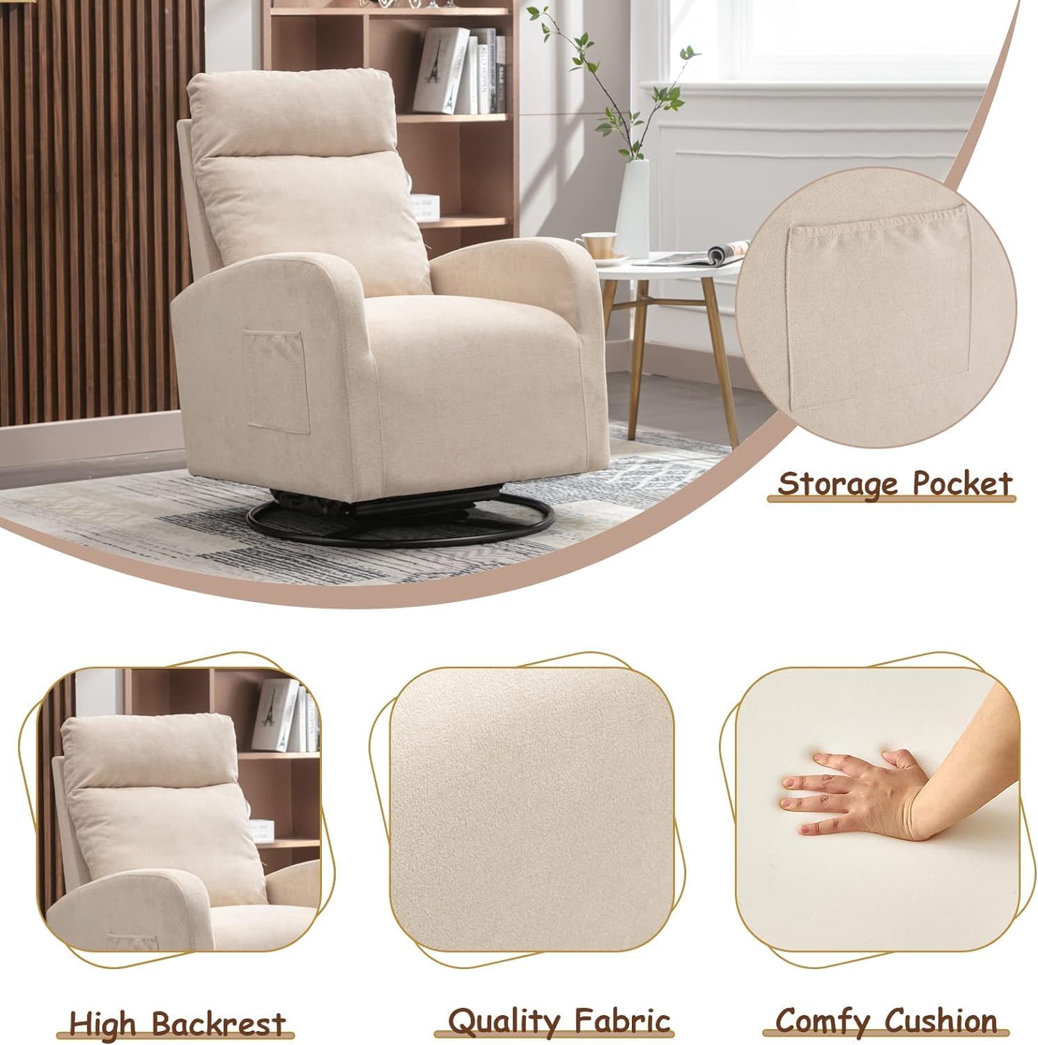 Kurhwyss Silla giratoria para guardería, moderna silla mecedora con respaldo alto y bolsillo de almacenamiento, mecedora tapizada con base de metal