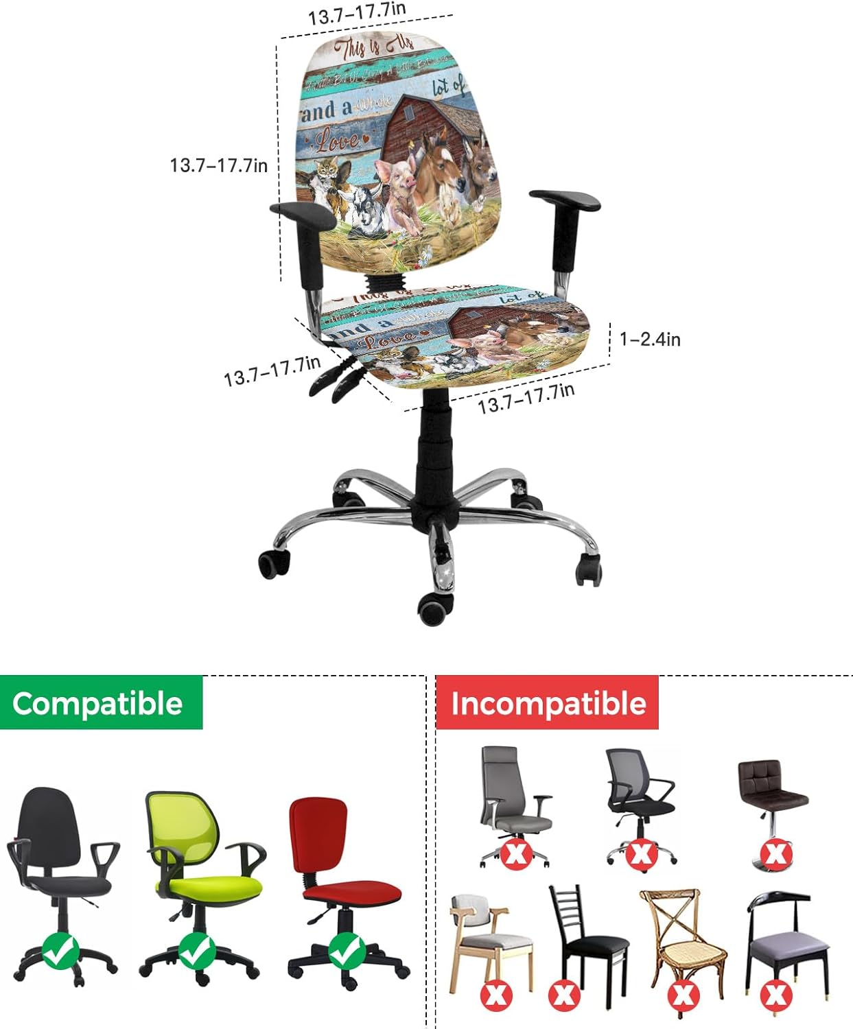 Funda para silla de oficina de computadora, animales de granja, cerdo, vaca, de madera retro, protectora y elástica, fundas para sillas de