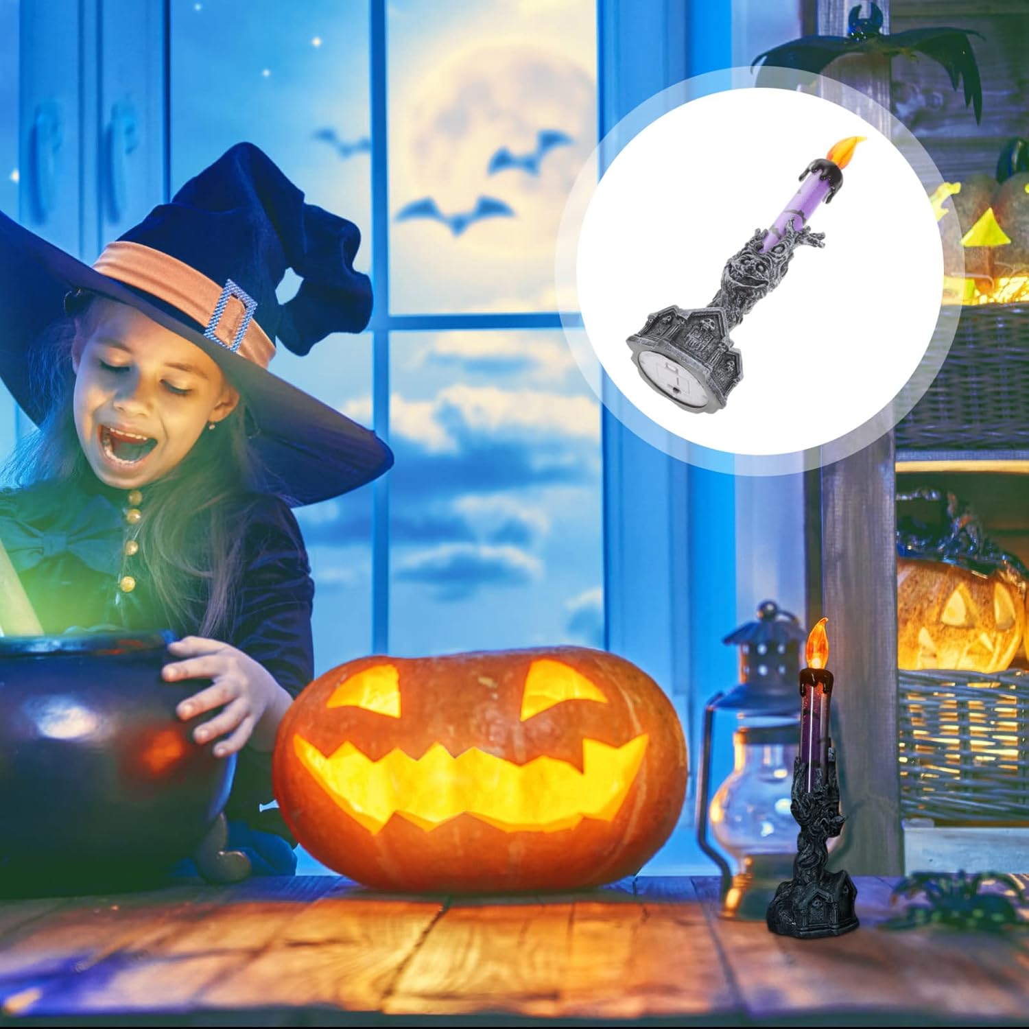 Uonlytech Vela LED de Halloween, decoración de Halloween, 2 unidades, velas de Halloween, lámpara iluminada, vela LED sin llama para ventana, mesa,