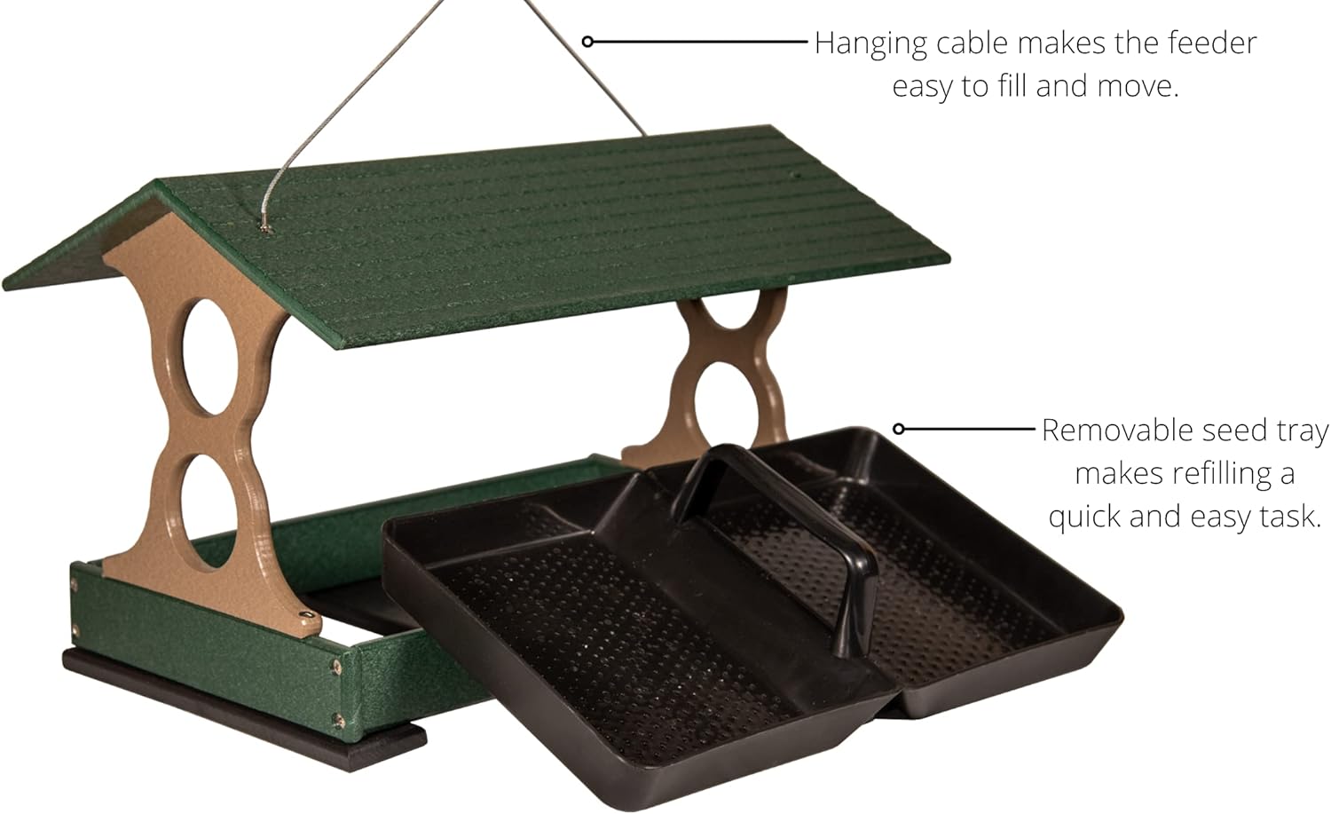 JCs Wildlife Comedero grande para pájaros verde y marrón con bandeja extraíble para semillas con orificios de drenaje, capacidad para 8 tazas de