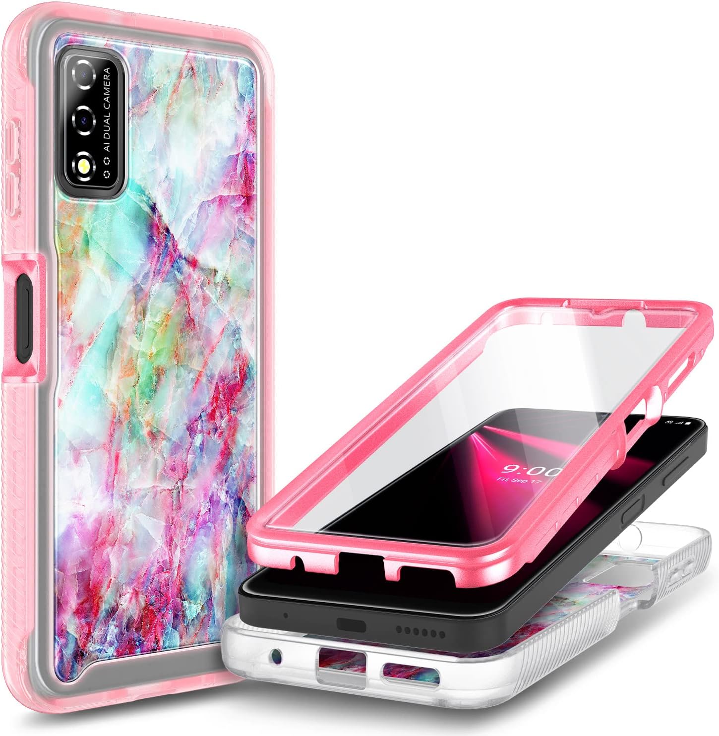 NZND Funda para T-Mobile REVVL V (6.52 pulgadas 4G 2021) con protector de pantalla incorporado, funda protectora de cuerpo completo a prueba de
