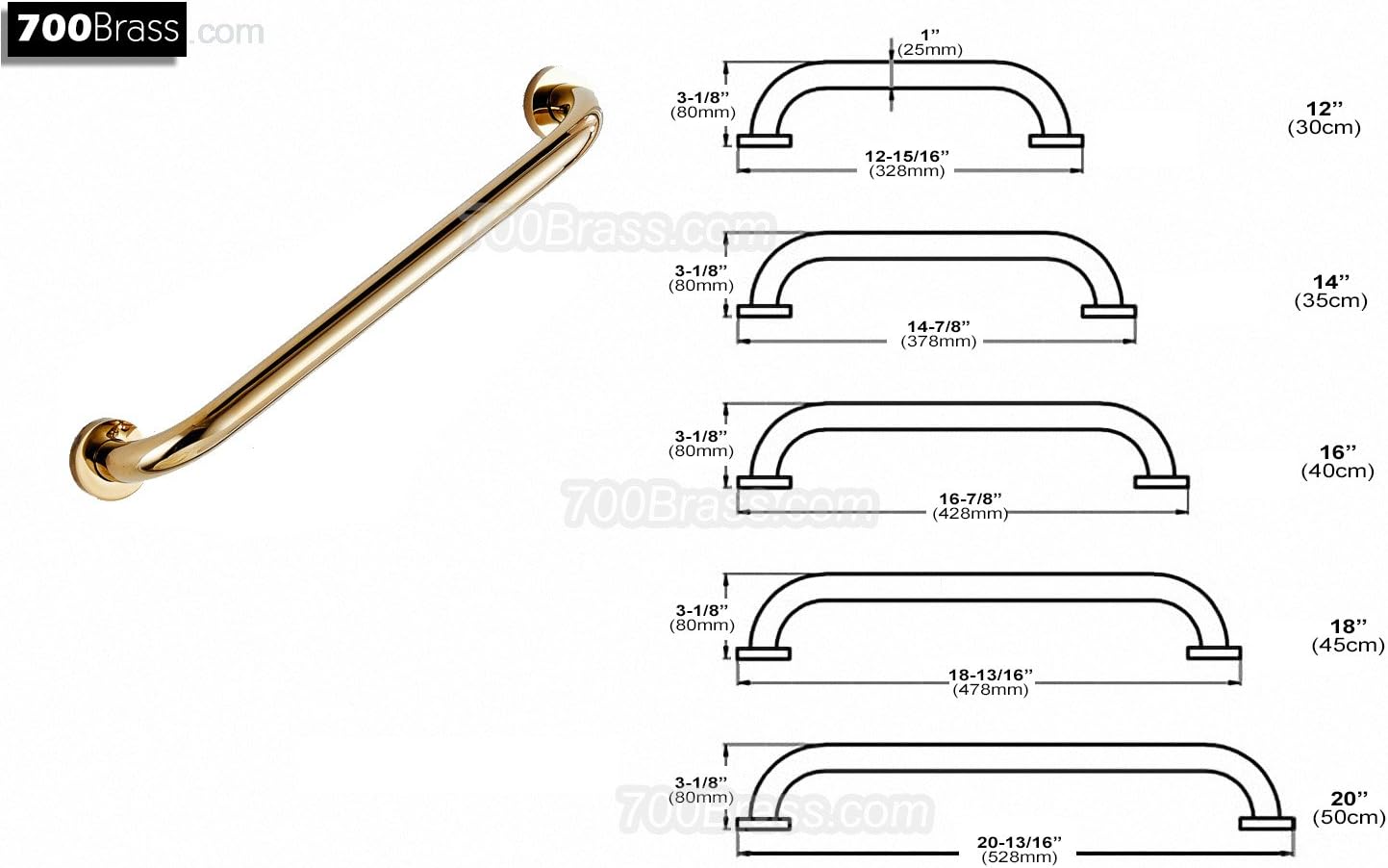 700Brass Barra de agarre de 20 pulgadas para seguridad de ducha de hotel, motel, hogar, latón macizo, oro pulido, reposabrazos de construcción