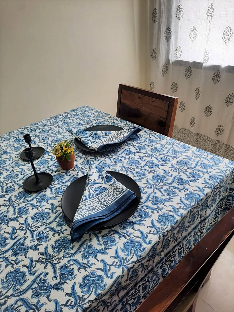ATOSII – Mantel ‘Midnight Bloom’ 100% algodón, mantel de lino estampado a mano para cocina, mesa de comedor, mesa, fiestas, boda, primaveraverano