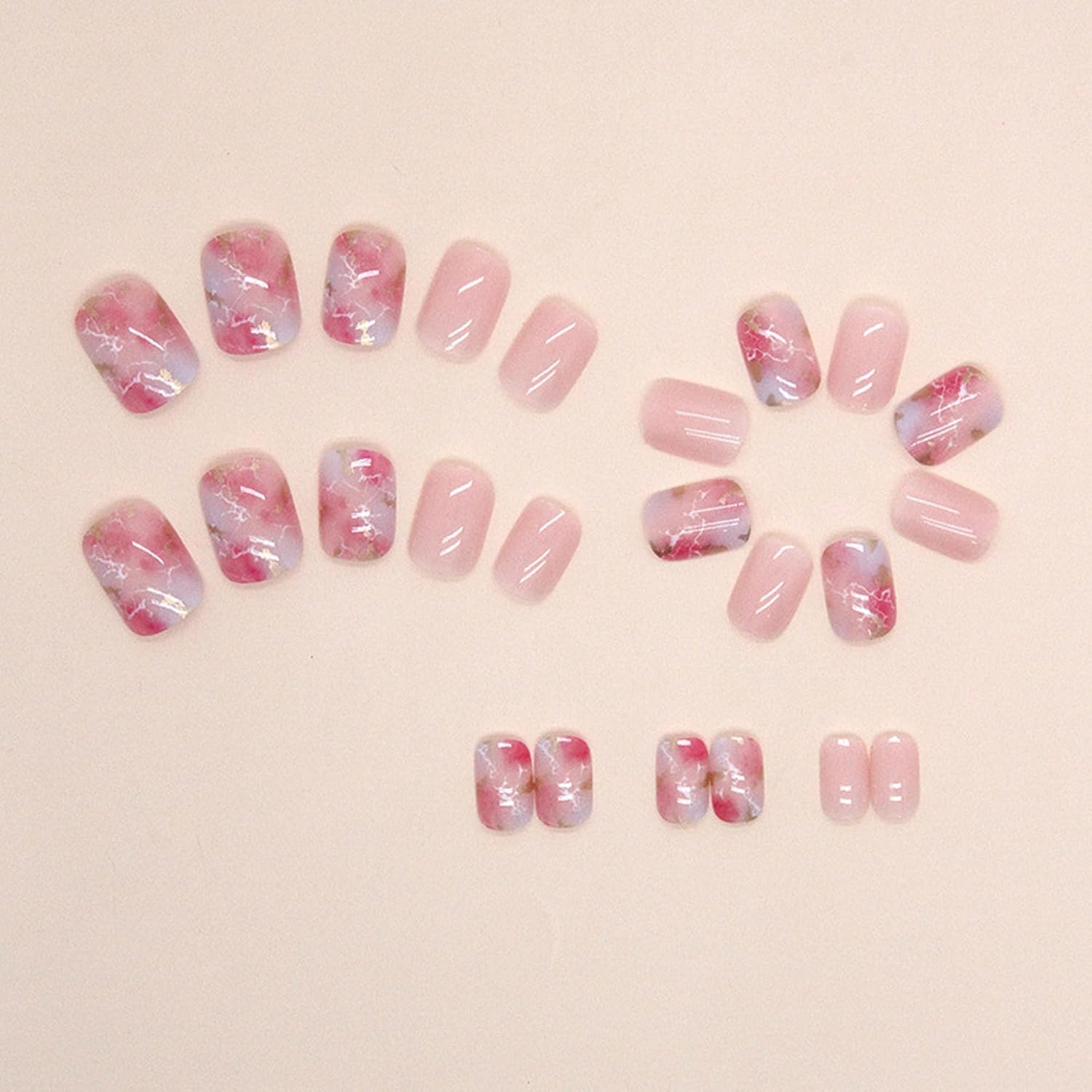 Uñas postizas cortas a presión, cuadradas, con diseño de flor de cerezo, rosa, degradado, con diseños de lámina dorada, romántica puesta de sol por