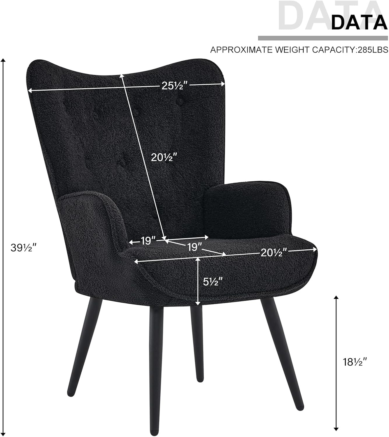 Furnimart Silla decorativa de piel sintética negra con respaldo de ala, silla moderna para sala de estar, cómoda silla de invitados para oficina,