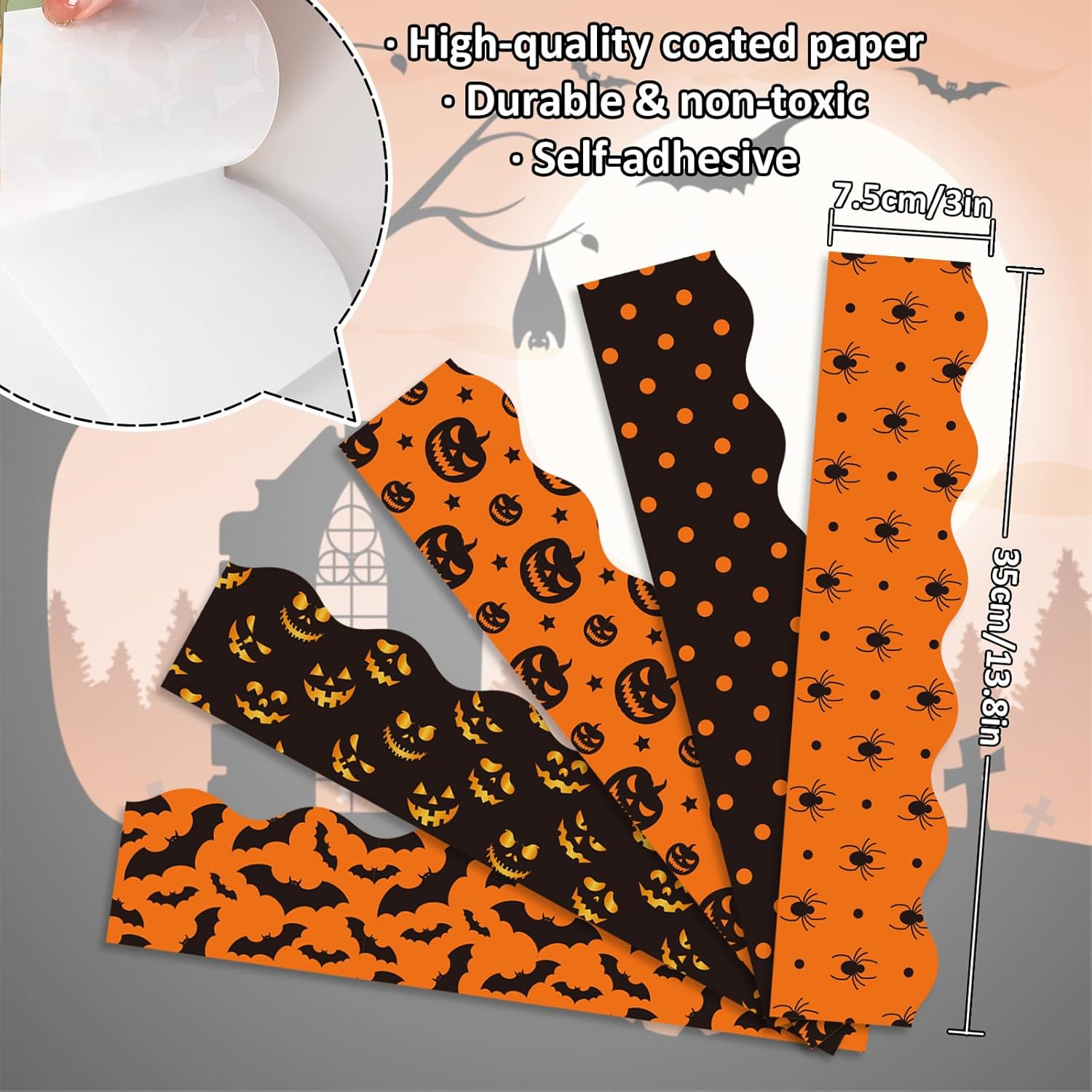 Whaline Tablero de anuncios de Halloween de 69 pies, diseño de araña, calabaza, murciélago, decoración de puntos, color naranja y negro, borde