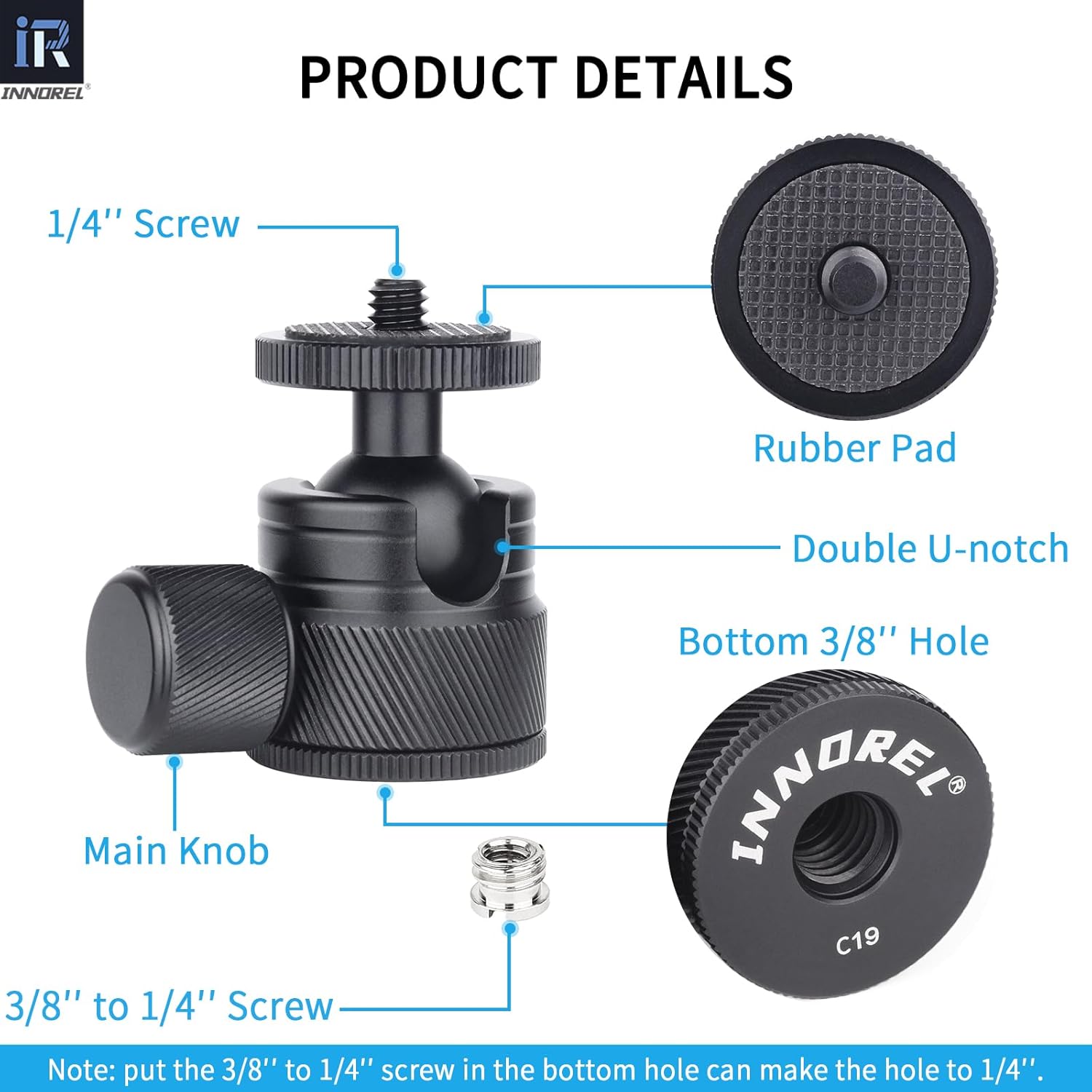 Mini Ball Head-INNOREL C19 Mount Tripod Head-CNC Metal Low Profile Ballhead 360 Pan 90 Tilt Trípodes Montaje con 38″ a 14″ Adaptador de 38″ a 14″